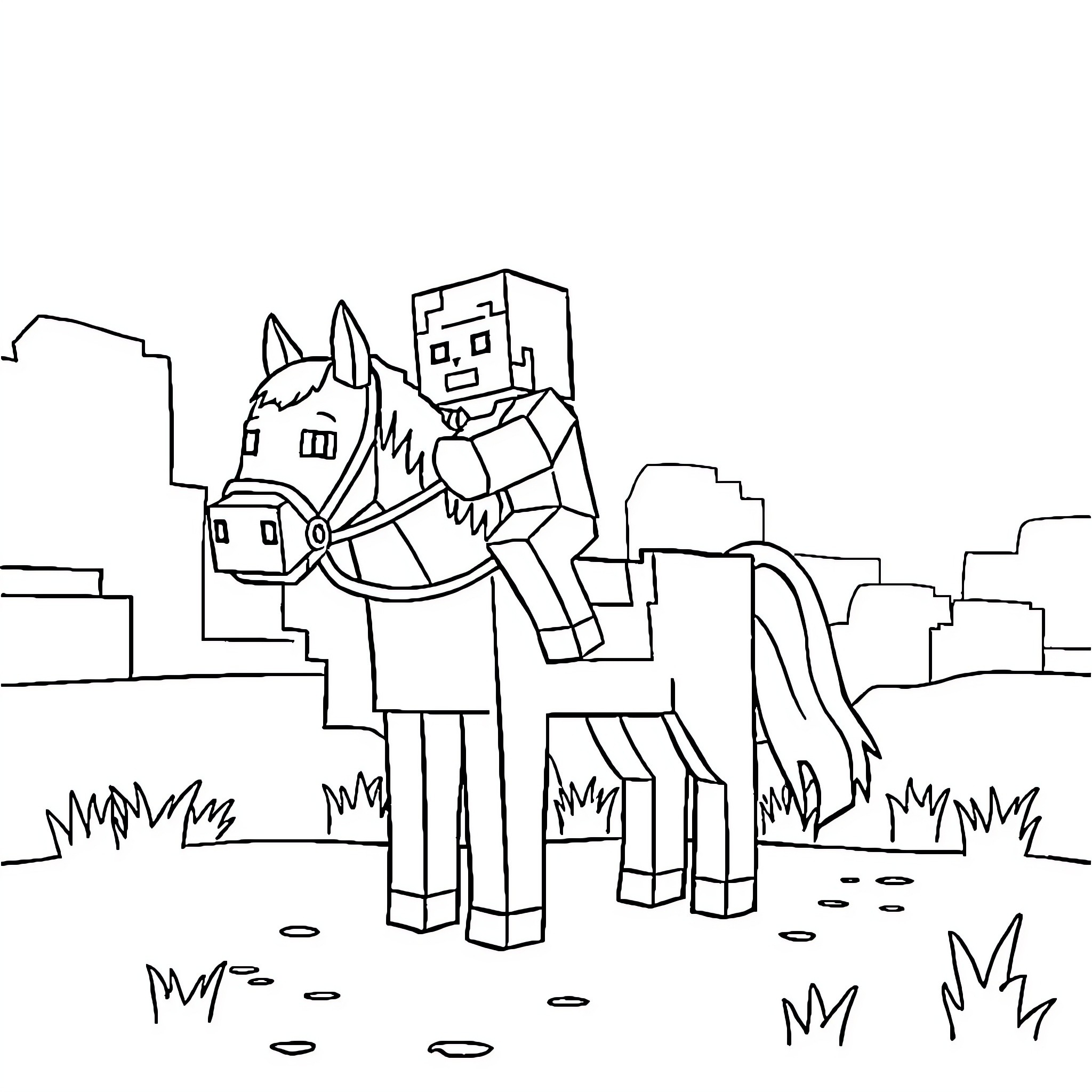 Minecraft Character riding on a horse in the countryside Coloring Page (free black-and-white line drawing printable PDF for all, from beginners to advanced learners, including children, teens, adults, and seniors)