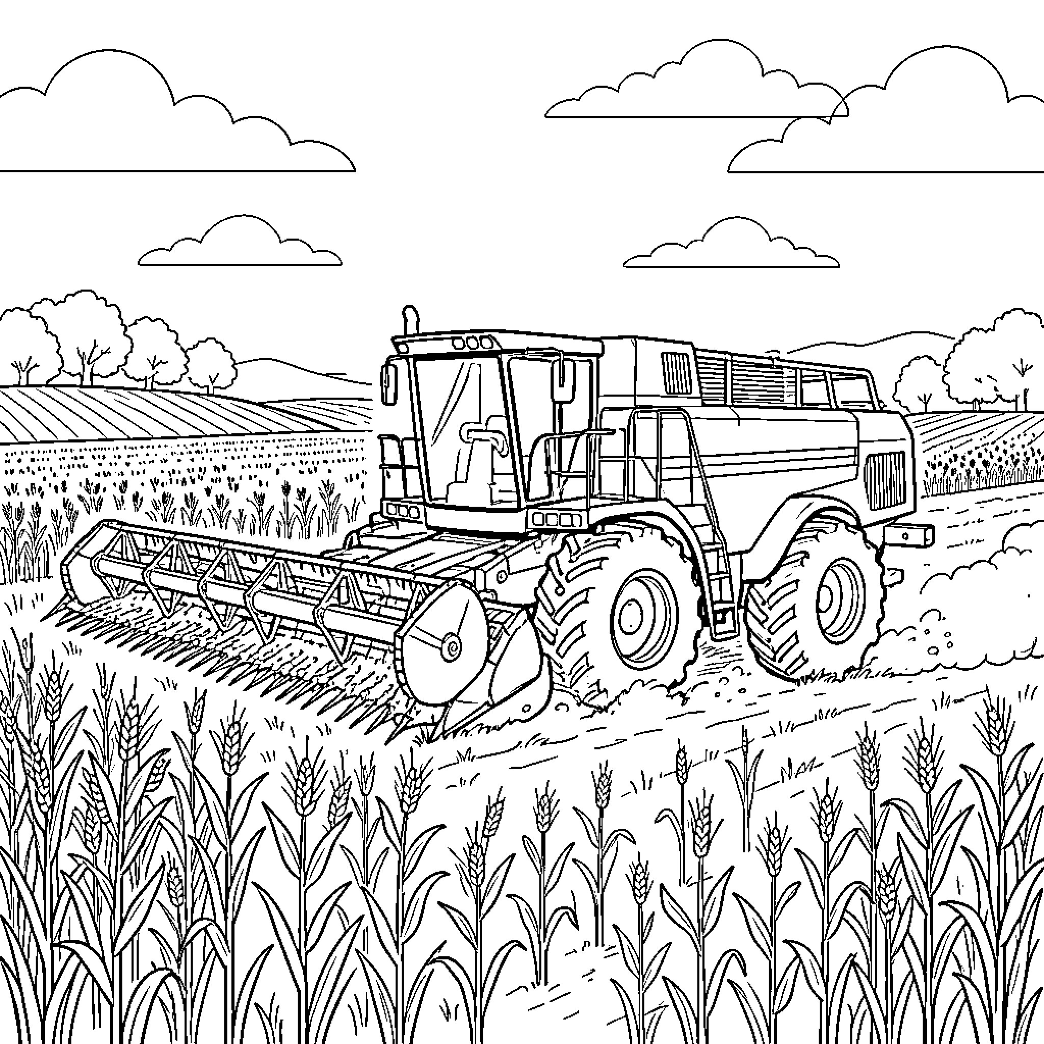 Harvesting Machine operating in a large wheat field Coloring Page (free black-and-white line drawing printable PDF for all, from beginners to advanced learners, including children, teens, adults, and seniors)