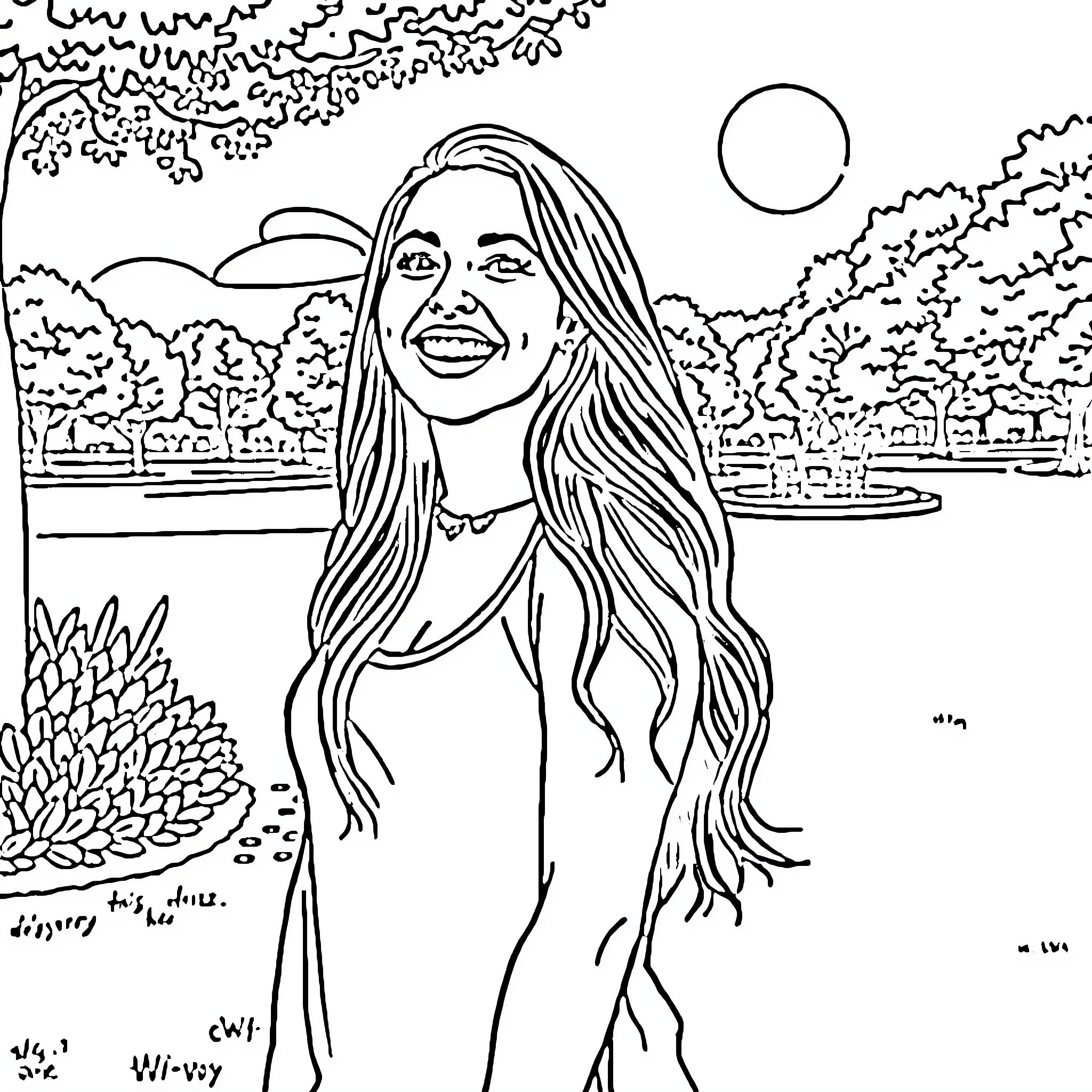 Alyssa Diaz enjoying the outdoors Coloring Page (free black-and-white line drawing printable PDF for all, from beginners to advanced learners, including children, teens, adults, and seniors)