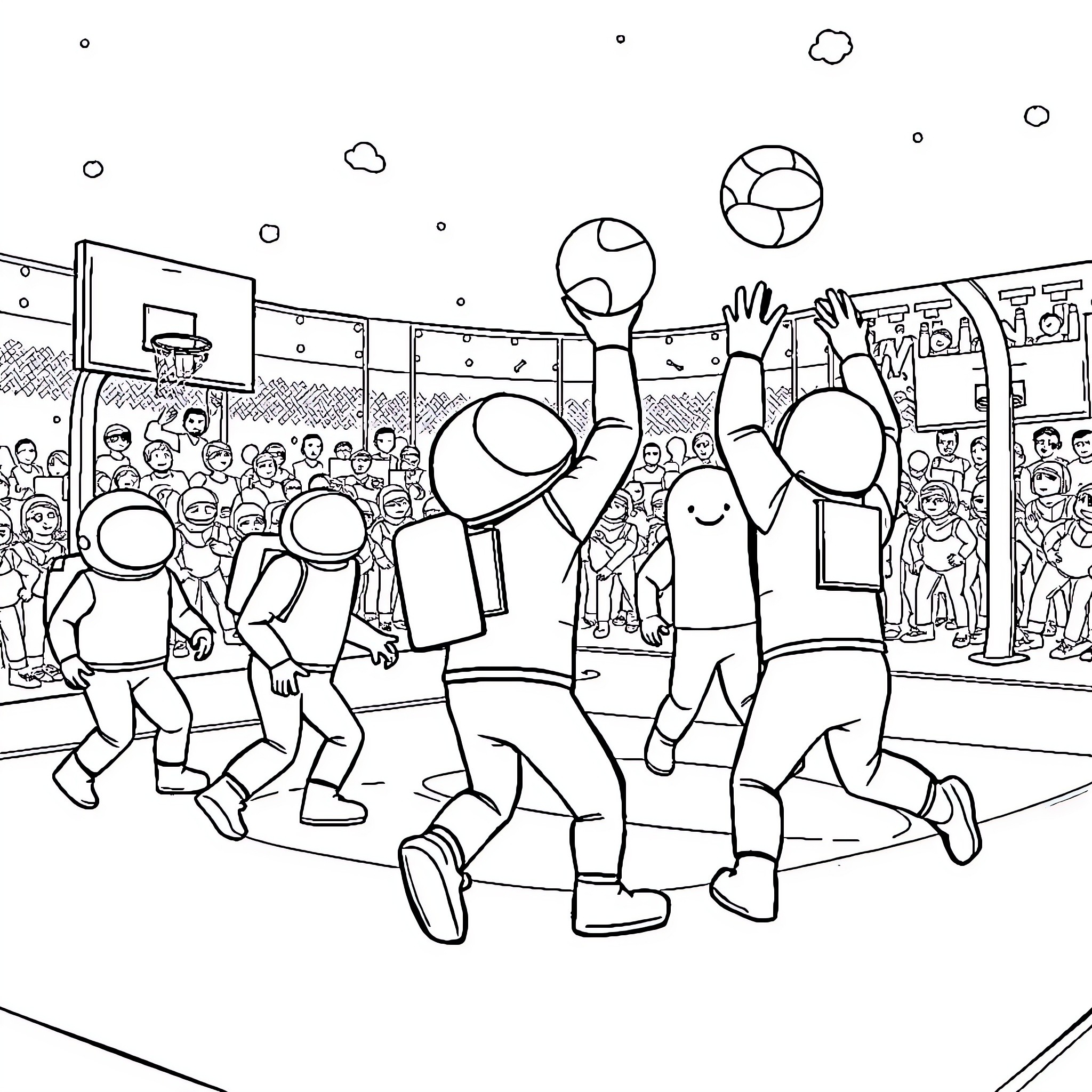 Among Us Characters Playing Basketball in a Crowded Arena Coloring Page (free black-and-white line drawing printable PDF for all, from beginners to advanced learners, including children, teens, adults, and seniors)