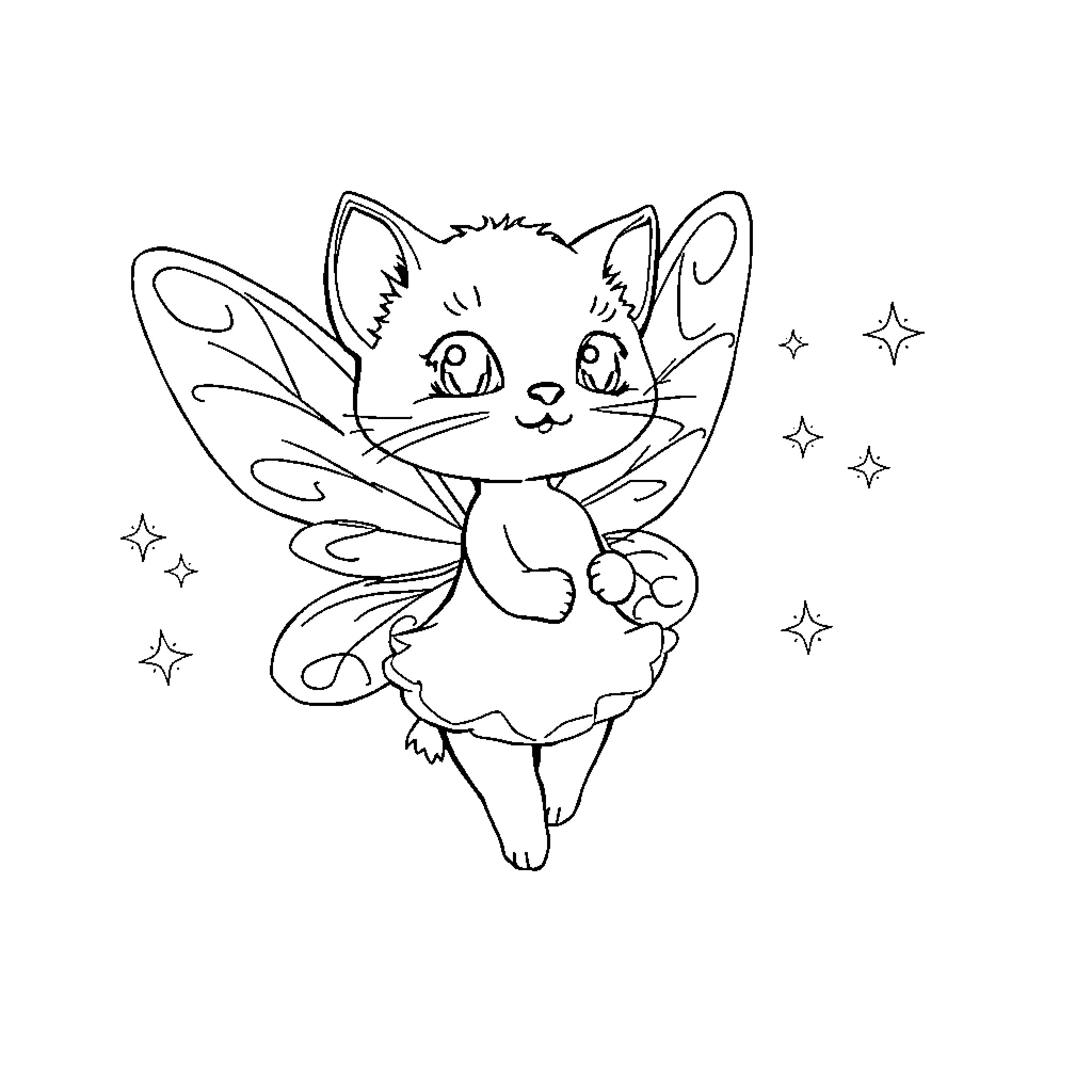 Kitty fairy in a starry night Coloring Page (free black-and-white line drawing printable PDF for all, from beginners to advanced learners, including children, teens, adults, and seniors)