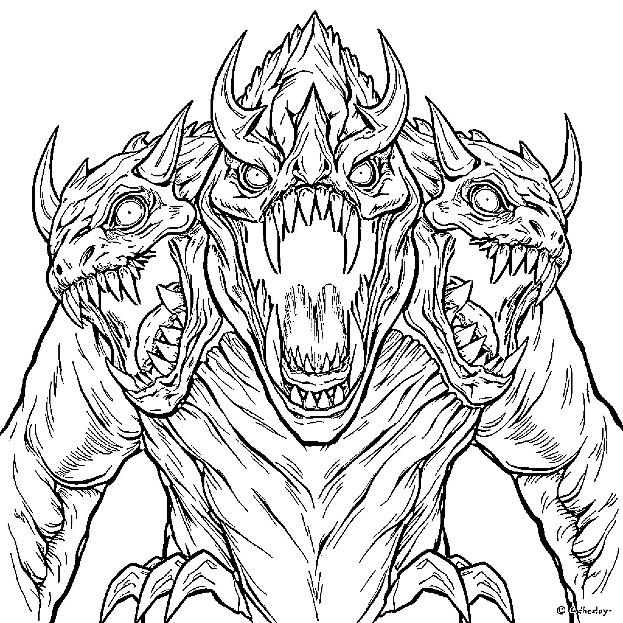 Monster with Ferocious Triple-Headed Creature Coloring Page (free black-and-white line drawing printable PDF for all, from beginners to advanced learners, including children, teens, adults, and seniors)