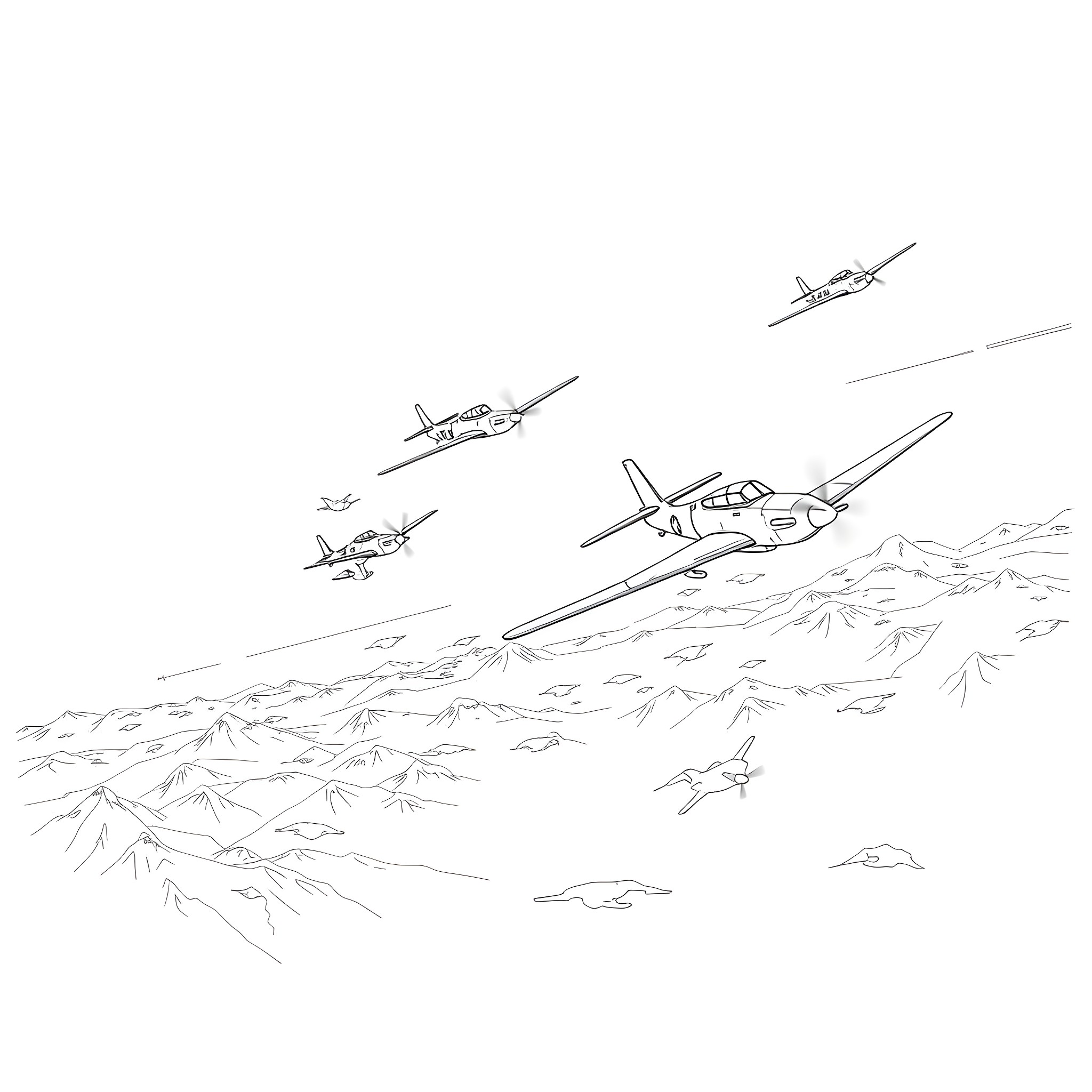Warplane formation flying over mountainous terrain Coloring Page (free black-and-white line drawing printable PDF for all, from beginners to advanced learners, including children, teens, adults, and seniors)