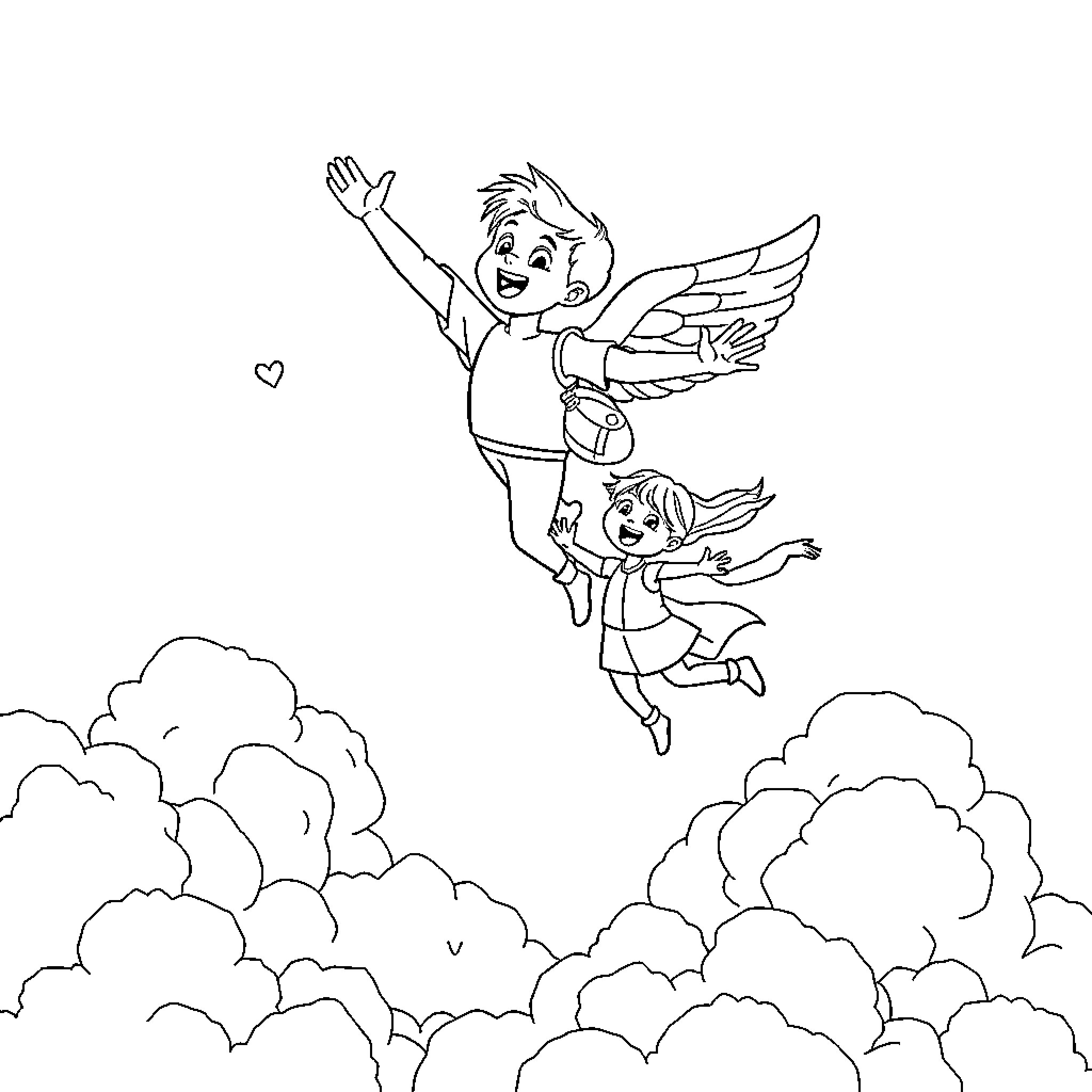 Dinosaur friends flying among the clouds Coloring Page (free black-and-white line drawing printable PDF for all, from beginners to advanced learners, including children, teens, adults, and seniors)