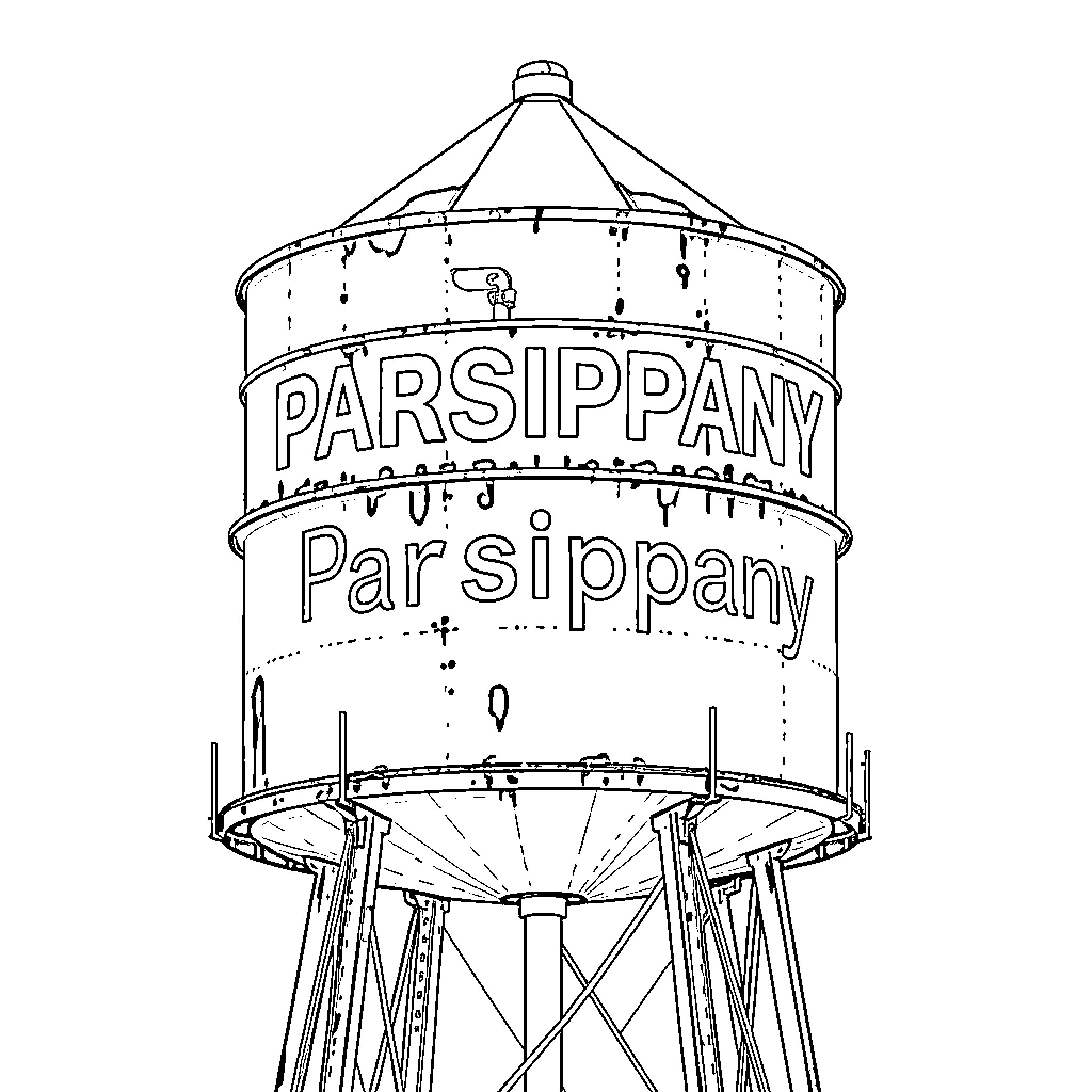 Water Tower with Parsippany signage Coloring Page (free black-and-white line drawing printable PDF for all, from beginners to advanced learners, including children, teens, adults, and seniors)