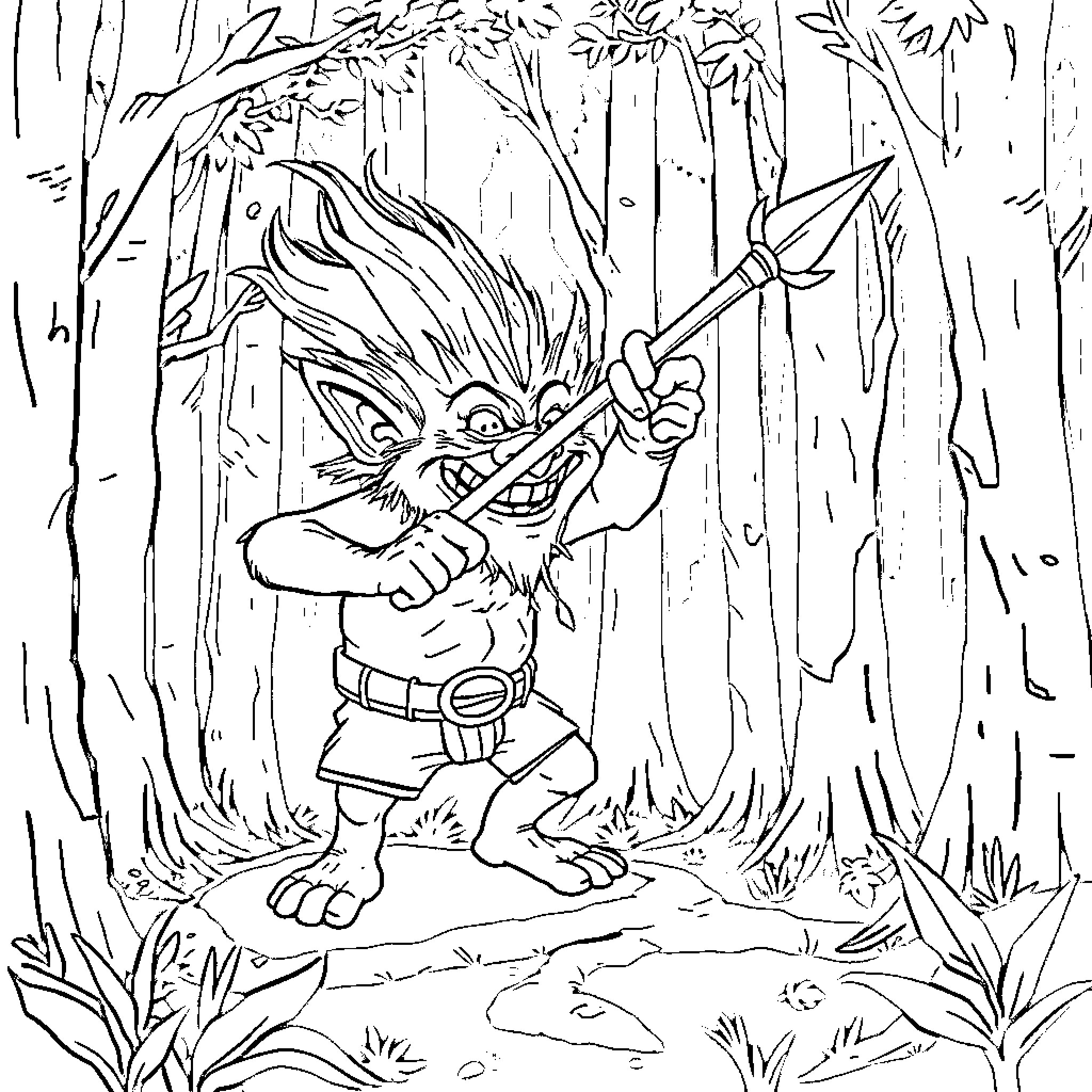 Troll Hunter wielding a spear in a forest Coloring Page (free black-and-white line drawing printable PDF for all, from beginners to advanced learners, including children, teens, adults, and seniors)