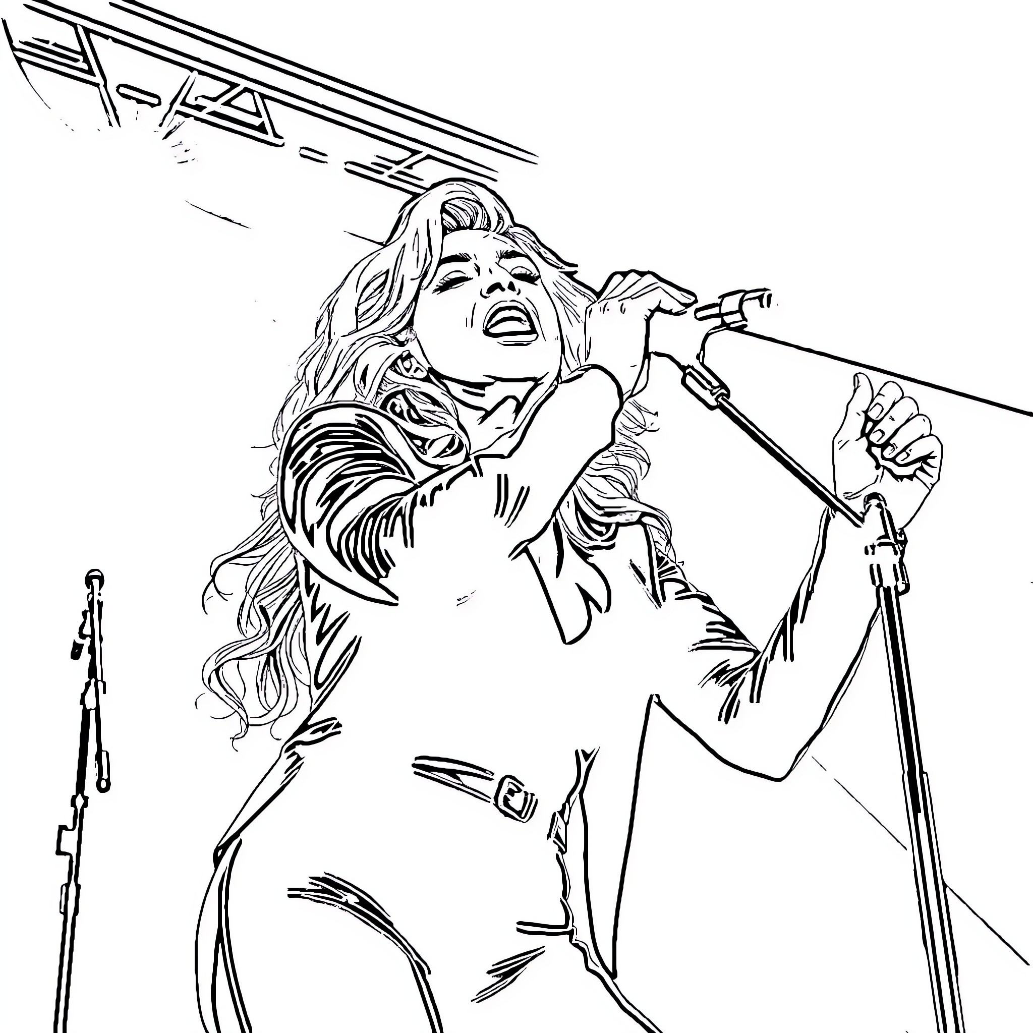 Madonna performing on stage with energy and passion Coloring Page (free black-and-white line drawing printable PDF for all, from beginners to advanced learners, including children, teens, adults, and seniors)