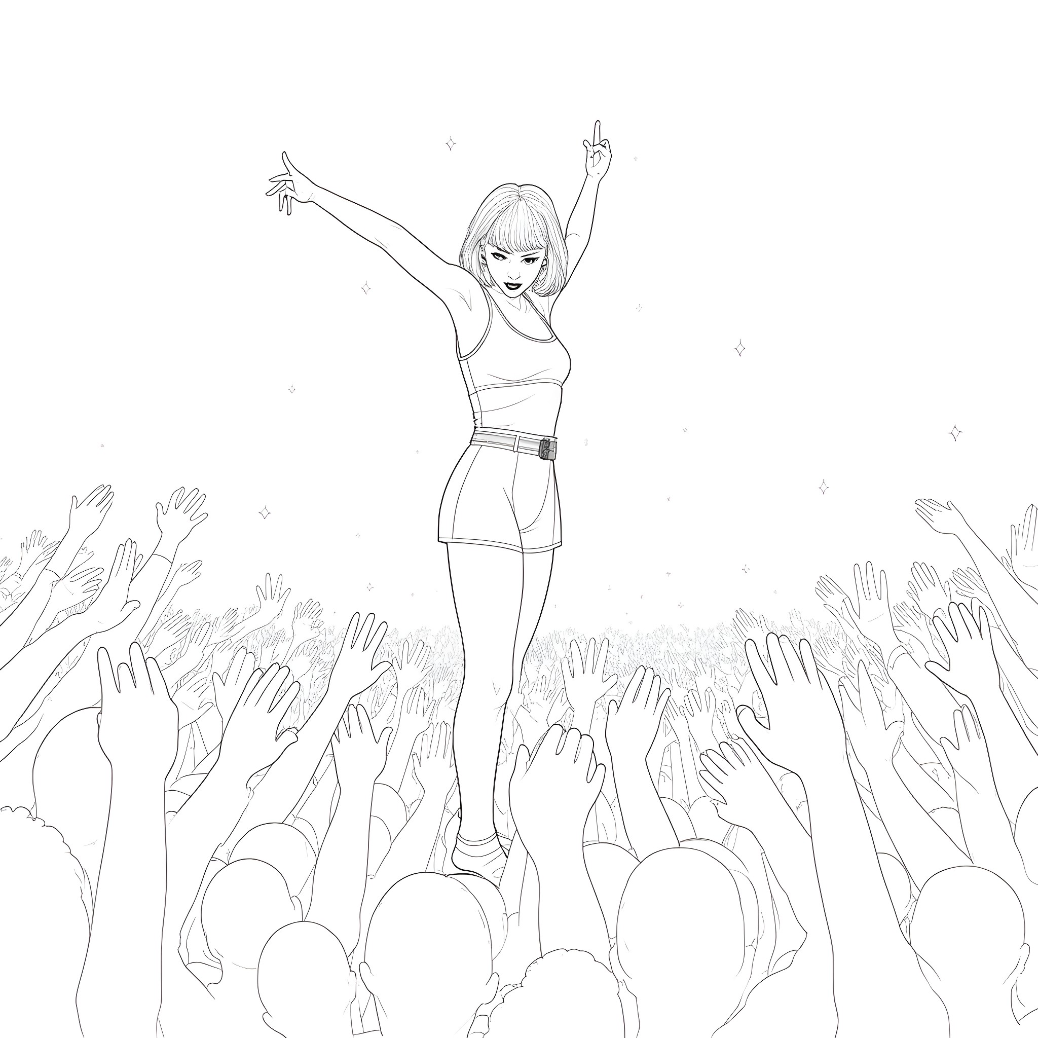 Taylor Swift performing passionately on stage Coloring Page (free black-and-white line drawing printable PDF for all, from beginners to advanced learners, including children, teens, adults, and seniors)