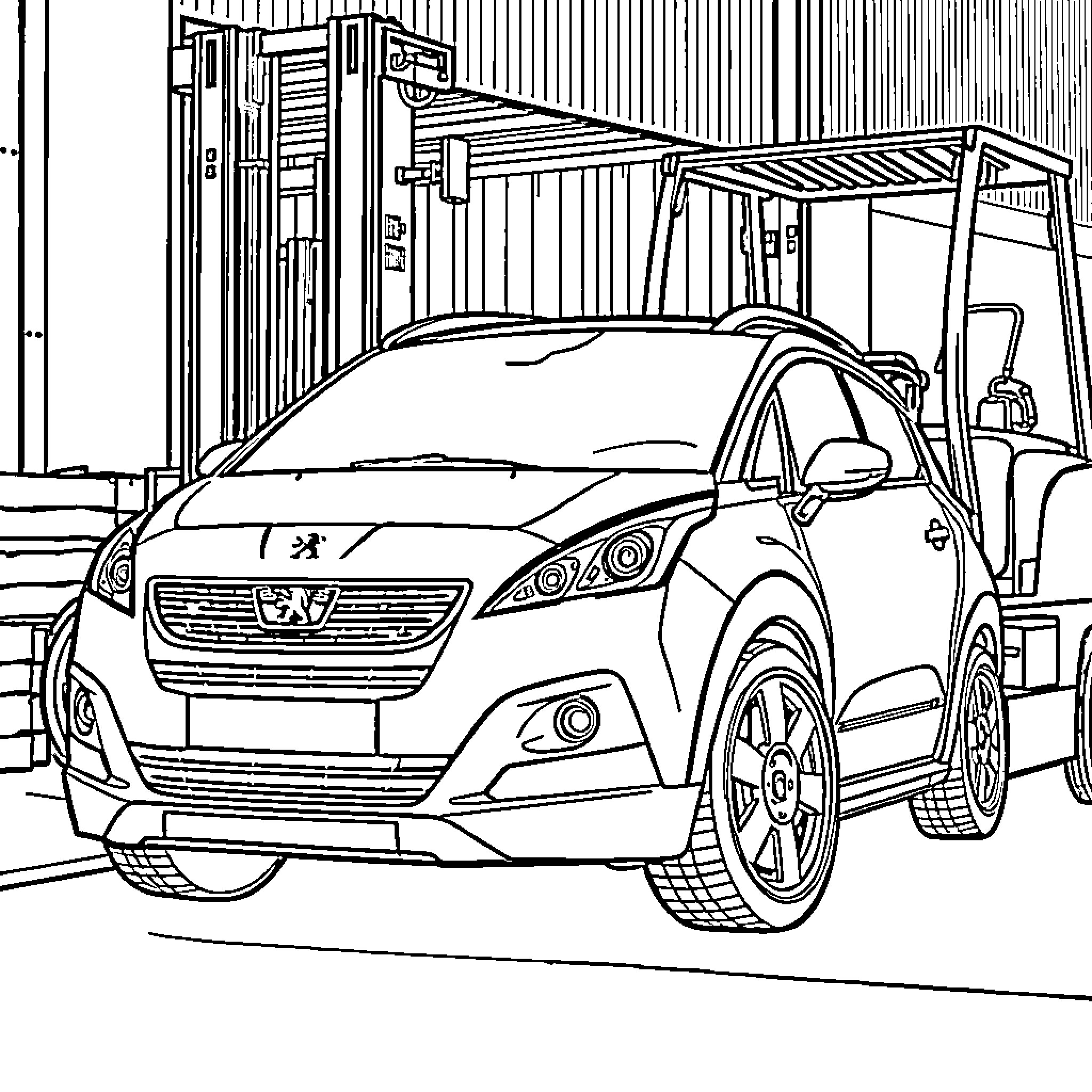 Peugeot crossover SUV in industrial setting Coloring Page (free black-and-white line drawing printable PDF for all, from beginners to advanced learners, including children, teens, adults, and seniors)