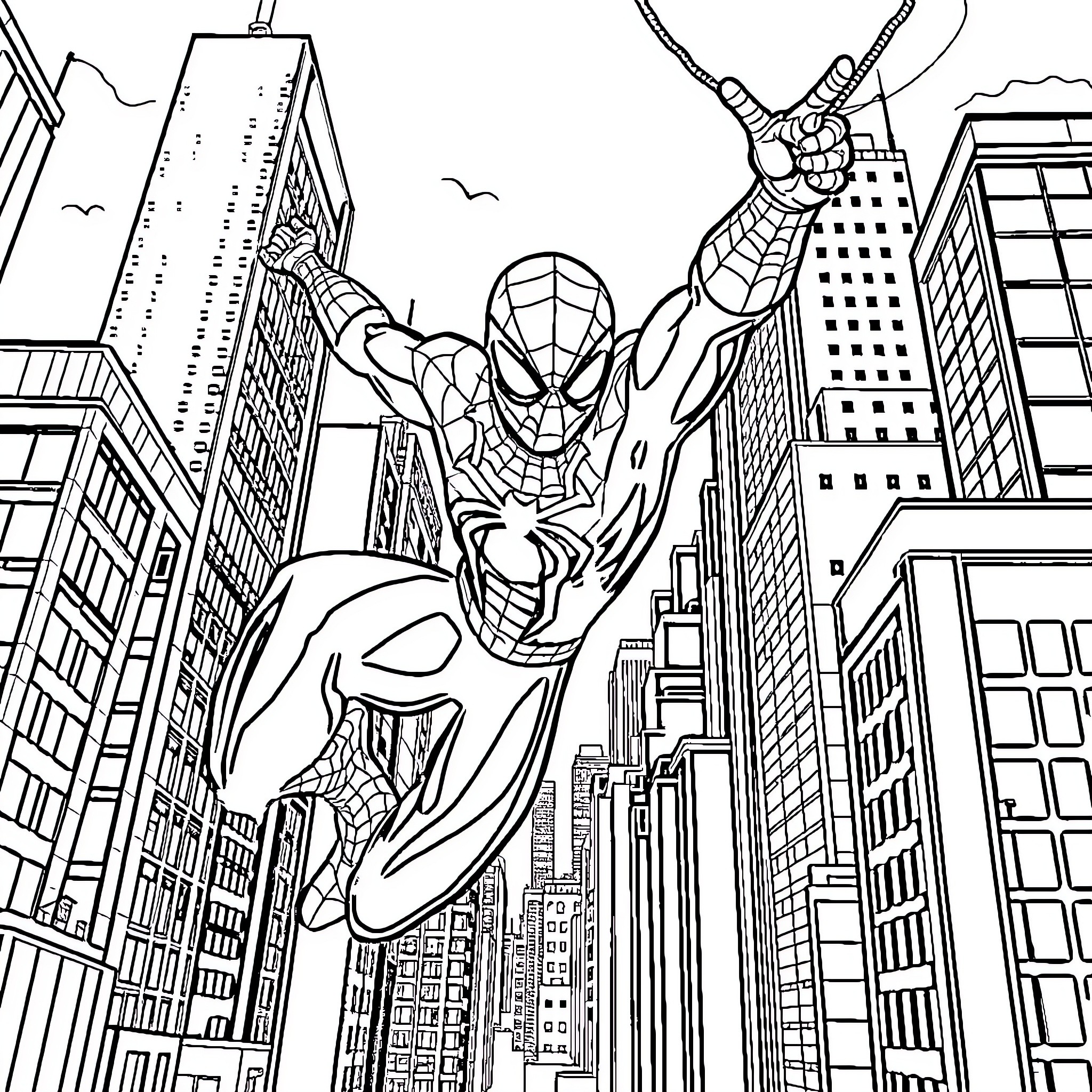 Spiderman swinging through the city skyline Coloring Page (free black-and-white line drawing printable PDF for all, from beginners to advanced learners, including children, teens, adults, and seniors)