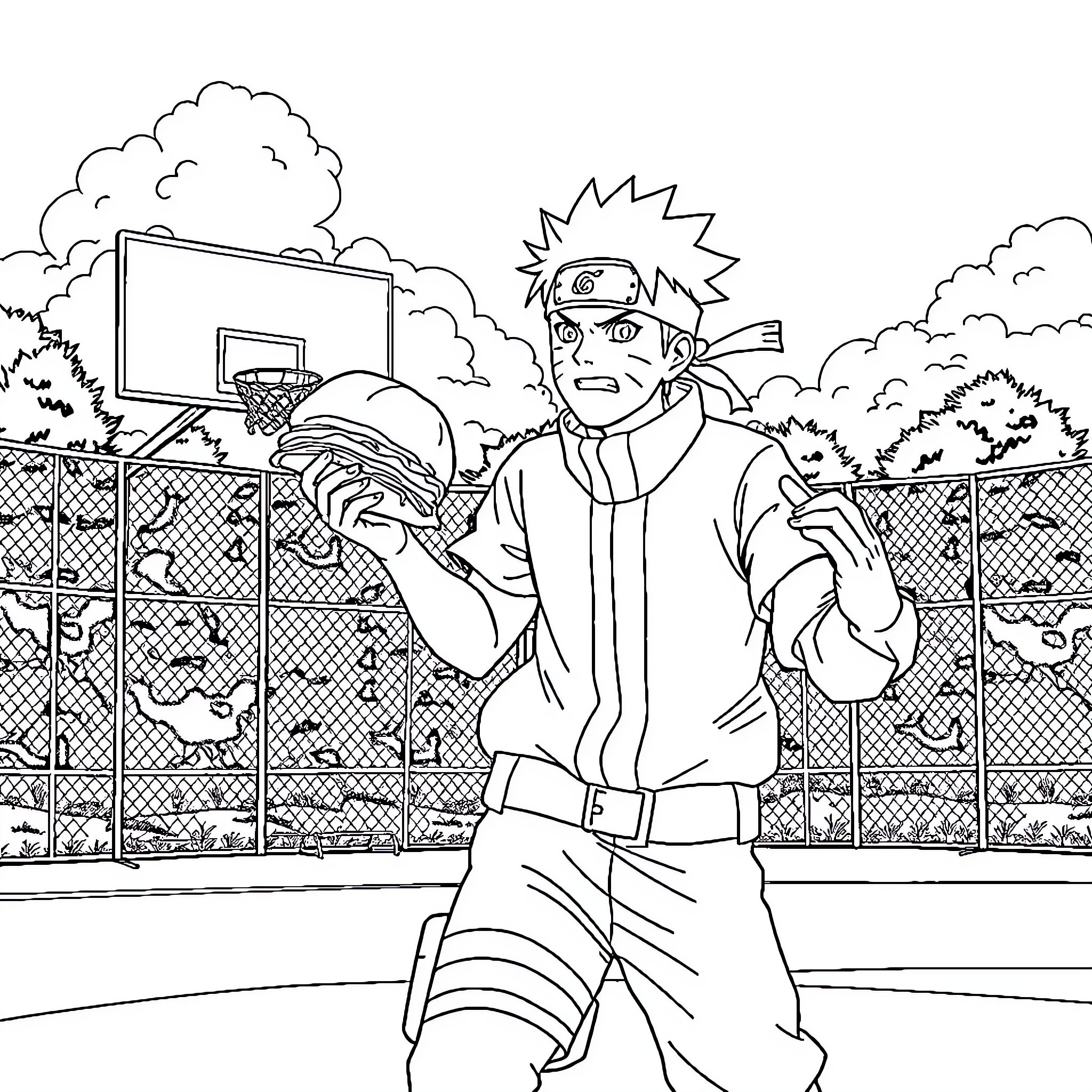 Naruto playing basketball on the court Coloring Page (free black-and-white line drawing printable PDF for all, from beginners to advanced learners, including children, teens, adults, and seniors)