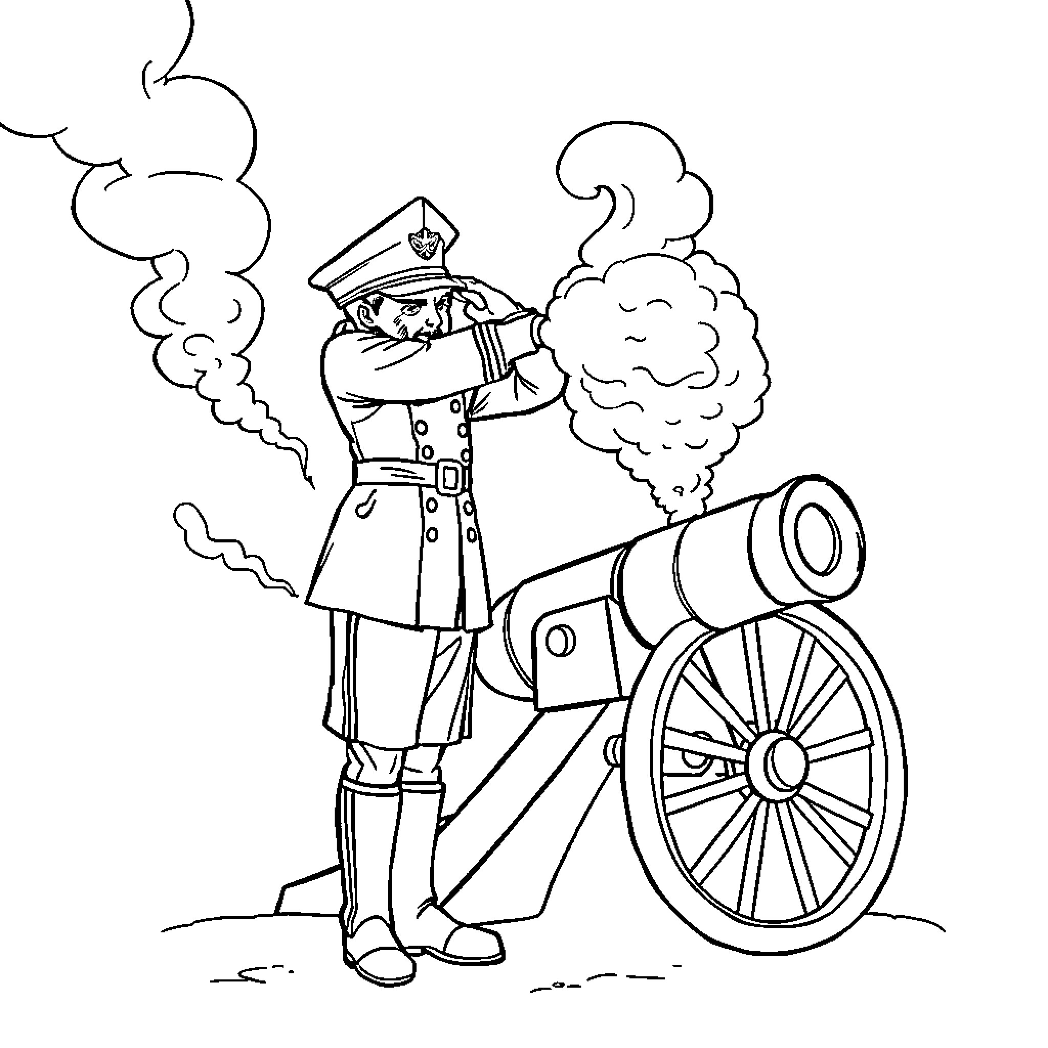Ira the soldier firing a cannon on the battlefield Coloring Page (free black-and-white line drawing printable PDF for all, from beginners to advanced learners, including children, teens, adults, and seniors)