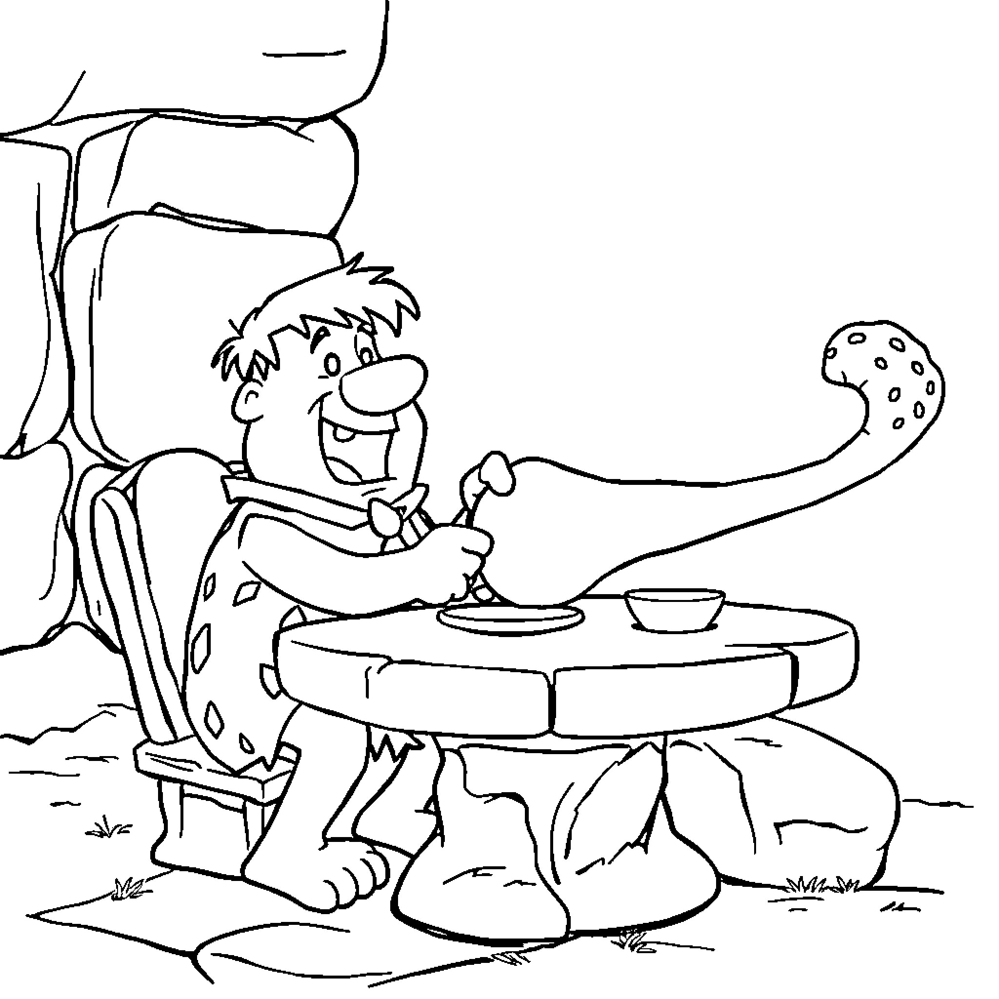 Fred Flintstone Enjoying a Hearty Meal Outdoors Coloring Page (free black-and-white line drawing printable PDF for all, from beginners to advanced learners, including children, teens, adults, and seniors)