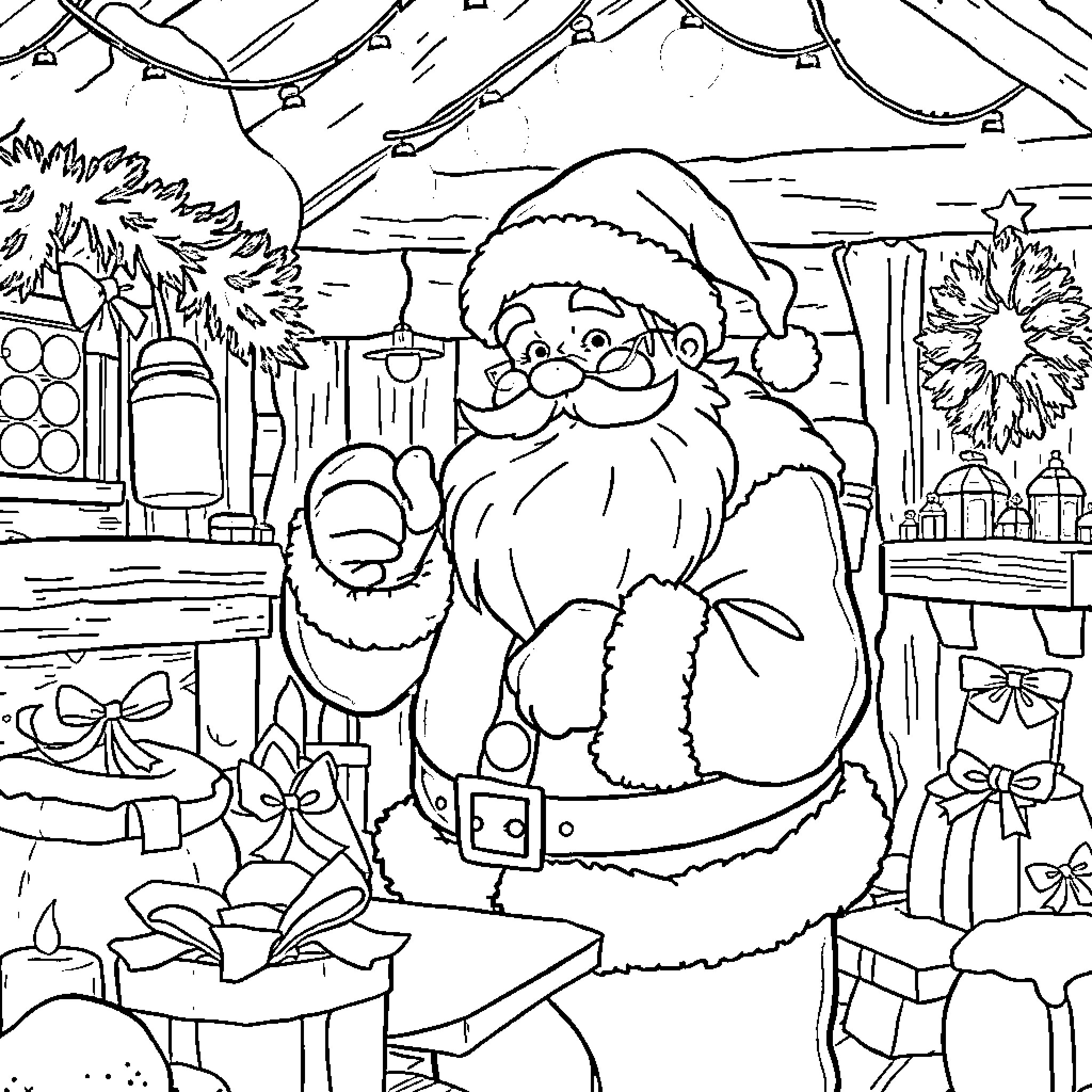 Santa Claus preparing for Christmas in his workshop Coloring Page (free black-and-white line drawing printable PDF for all, from beginners to advanced learners, including children, teens, adults, and seniors)