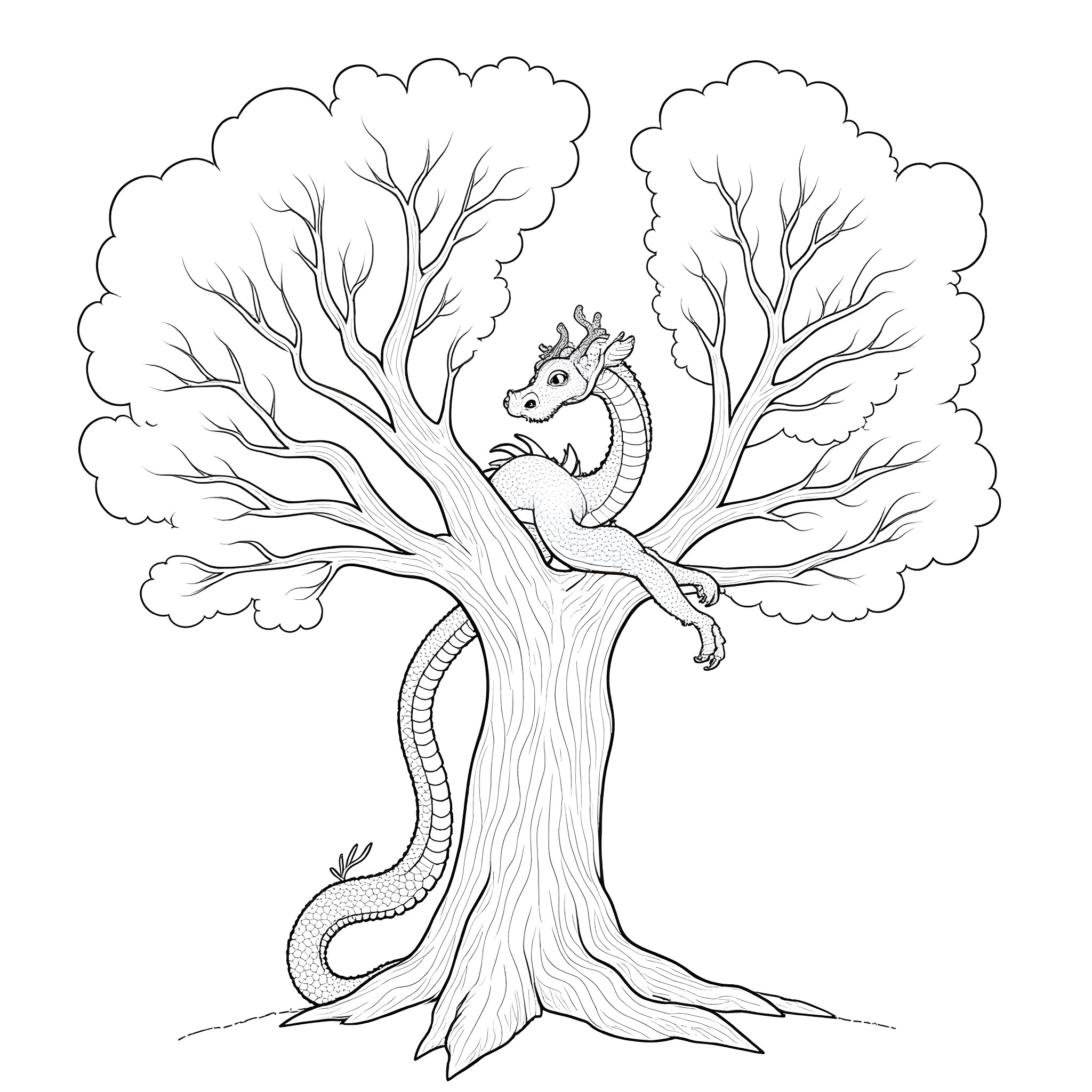 Dragon perched on a twisted, ancient tree Coloring Page (free black-and-white line drawing printable PDF for all, from beginners to advanced learners, including children, teens, adults, and seniors)