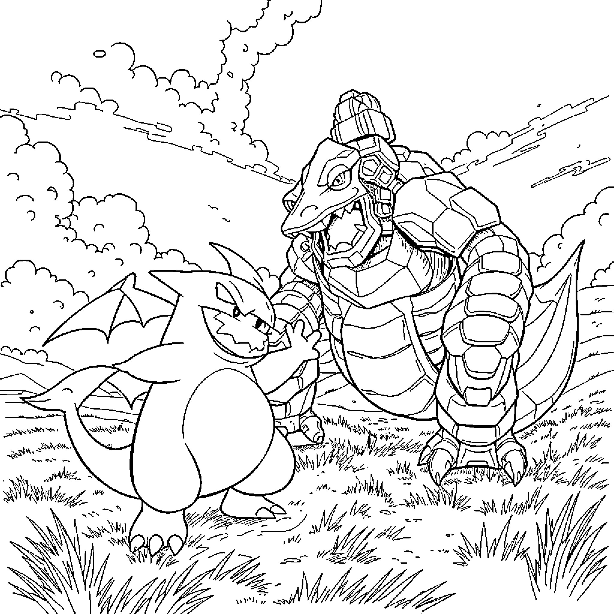 Gengar encounters a robotic Pokémon in a wild landscape Coloring Page (free black-and-white line drawing printable PDF for all, from beginners to advanced learners, including children, teens, adults, and seniors)