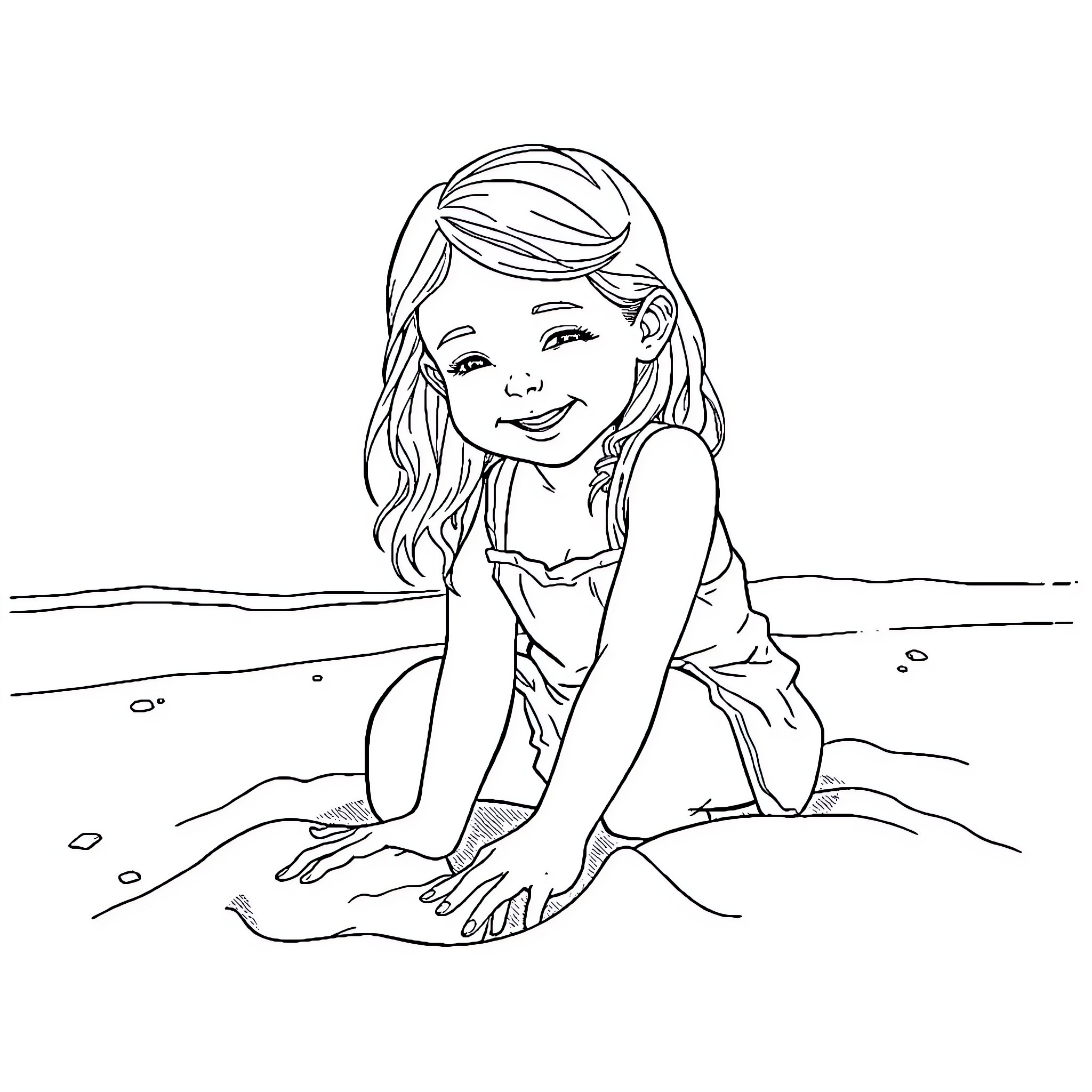 Girl playing happily on the beach Coloring Page (free black-and-white line drawing printable PDF for all, from beginners to advanced learners, including children, teens, adults, and seniors)