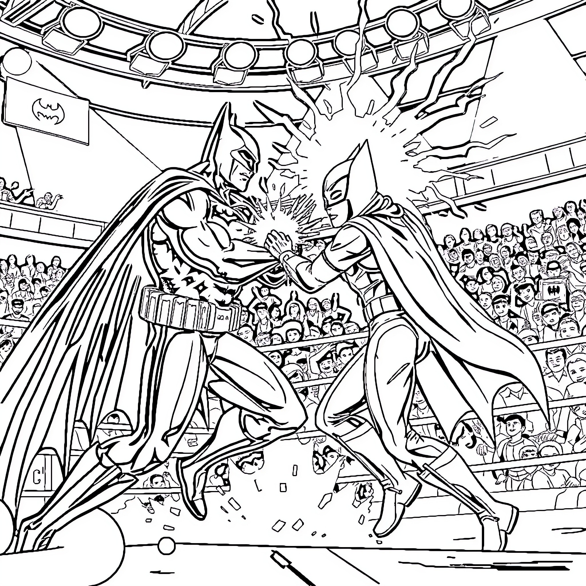 Batman Fighting in an Action-Packed Stadium Coloring Page (free black-and-white line drawing printable PDF for all, from beginners to advanced learners, including children, teens, adults, and seniors)