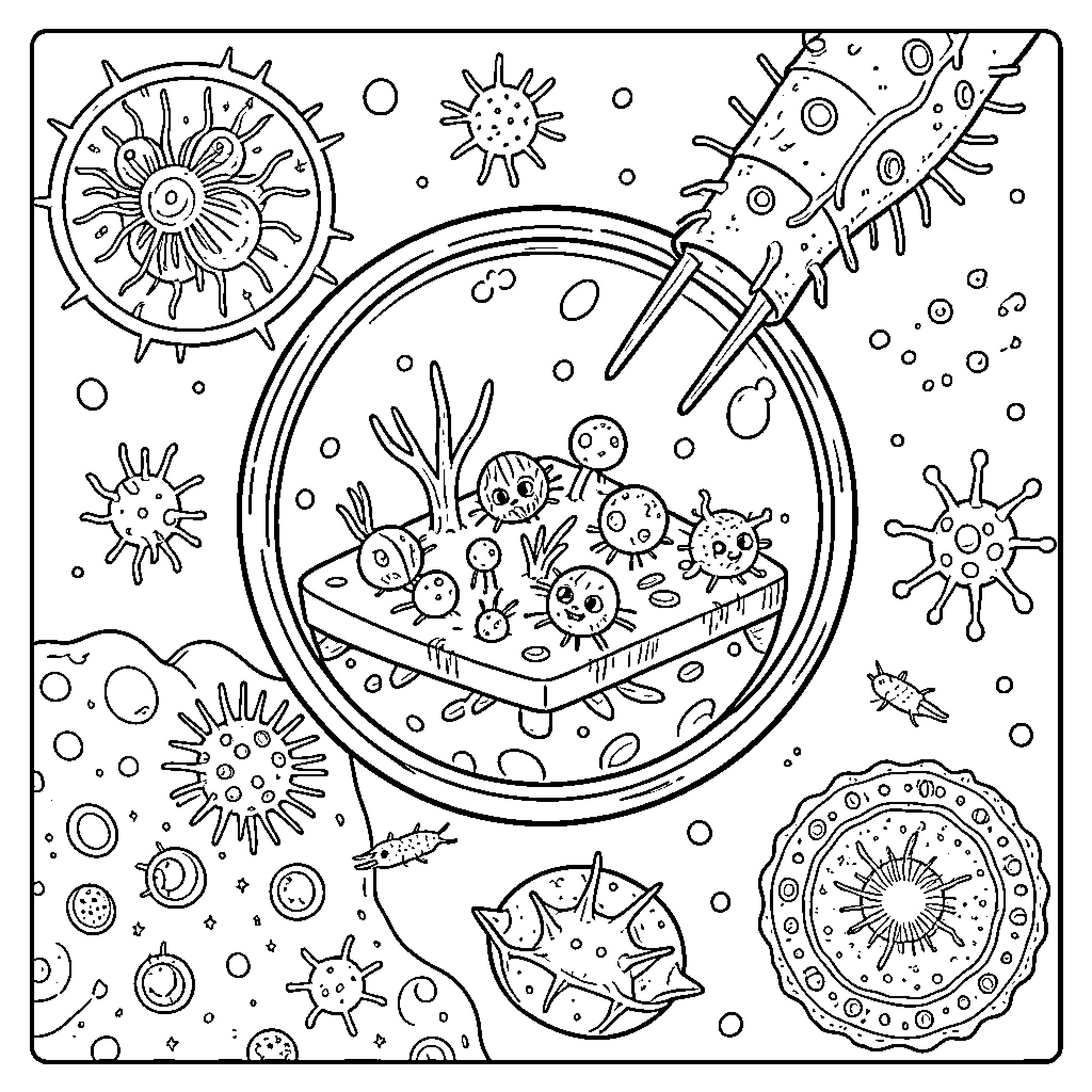 Microbiology scene with various microbes floating and interacting Coloring Page (free black-and-white line drawing printable PDF for all, from beginners to advanced learners, including children, teens, adults, and seniors)