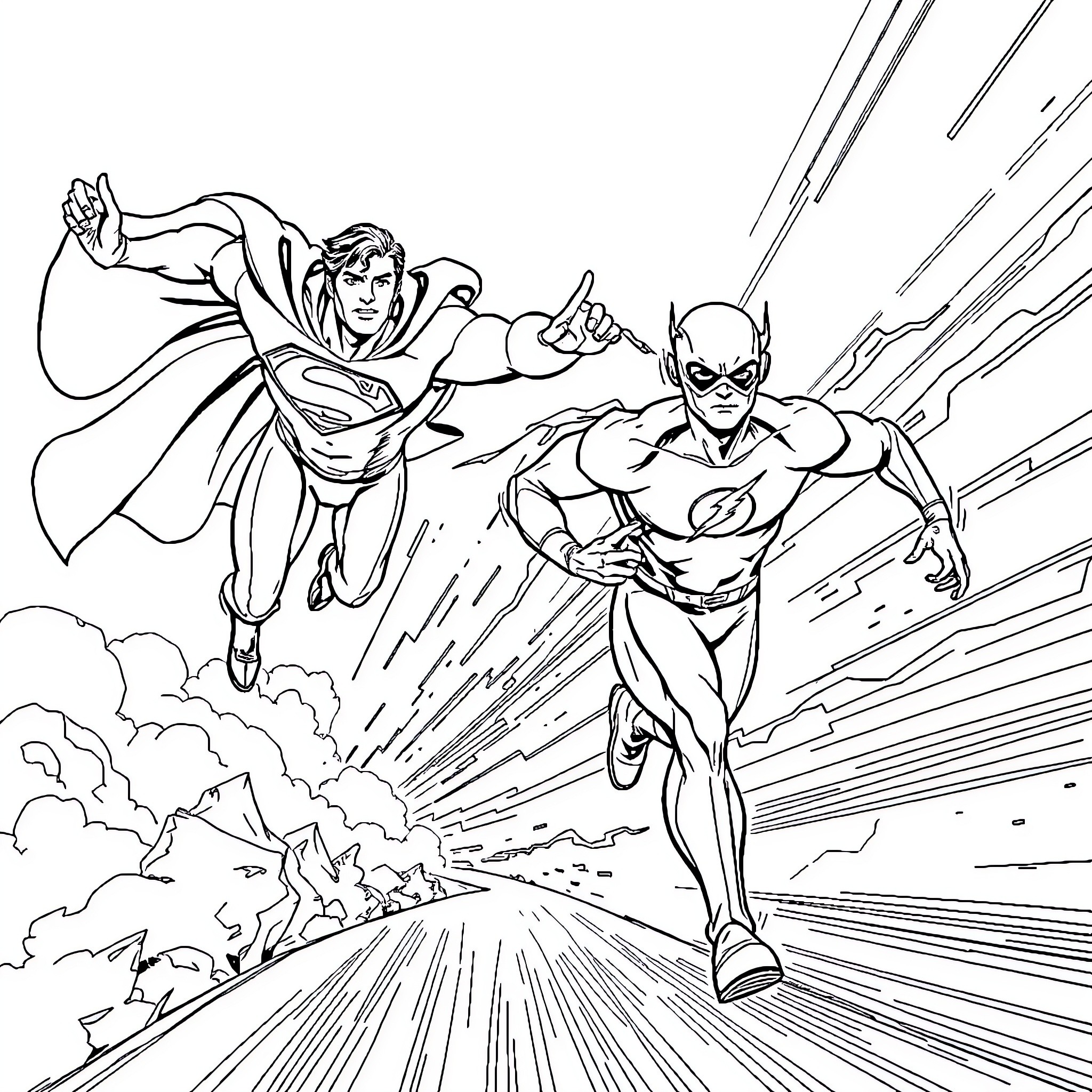 Superman and the Flash race through the sky Coloring Page (free black-and-white line drawing printable PDF for all, from beginners to advanced learners, including children, teens, adults, and seniors)