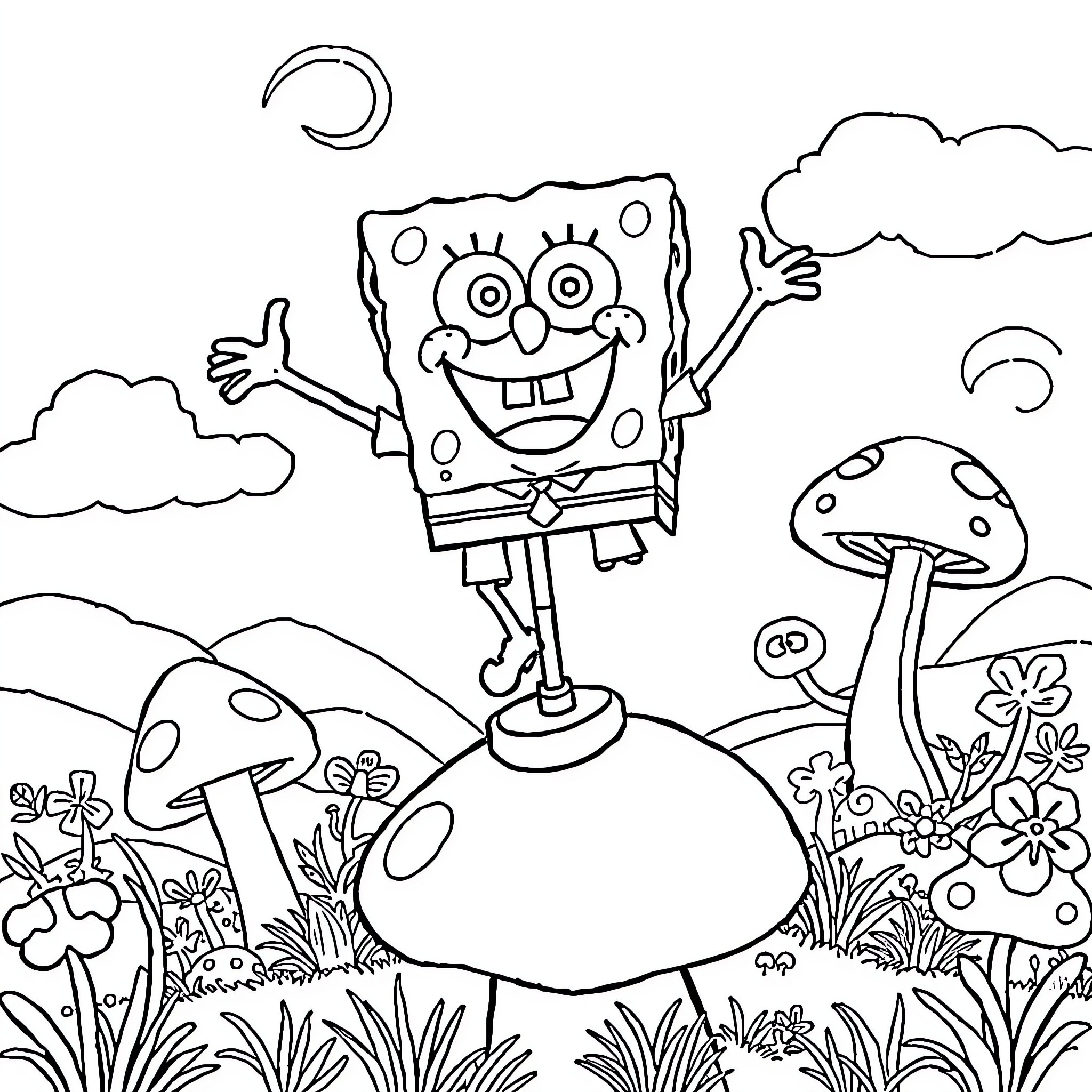 Spongebob joyfully exploring a whimsical mushroom-filled landscape Coloring Page (free black-and-white line drawing printable PDF for all, from beginners to advanced learners, including children, teens, adults, and seniors)
