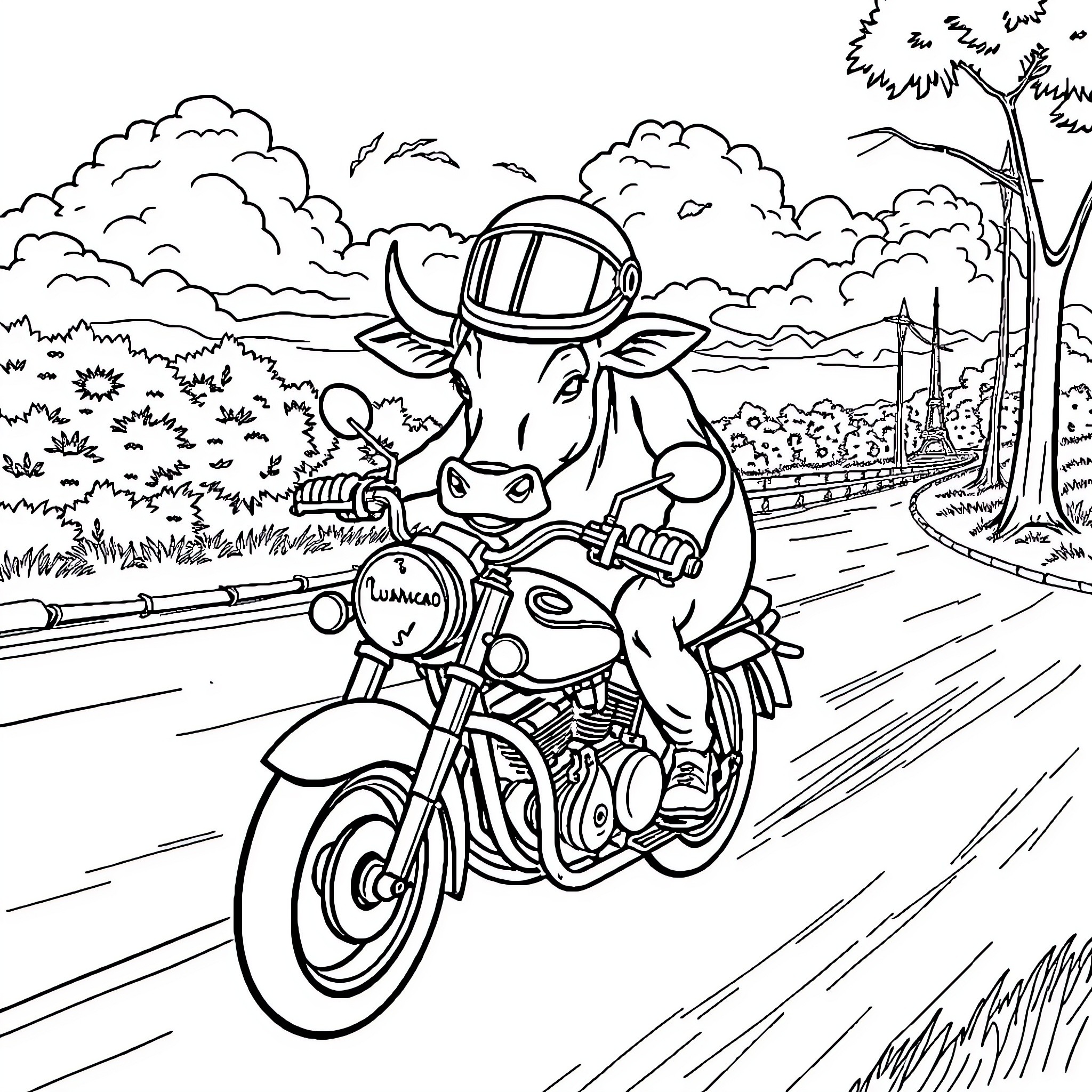 Cow riding motorcycle through countryside landscape Coloring Page (free black-and-white line drawing printable PDF for all, from beginners to advanced learners, including children, teens, adults, and seniors)
