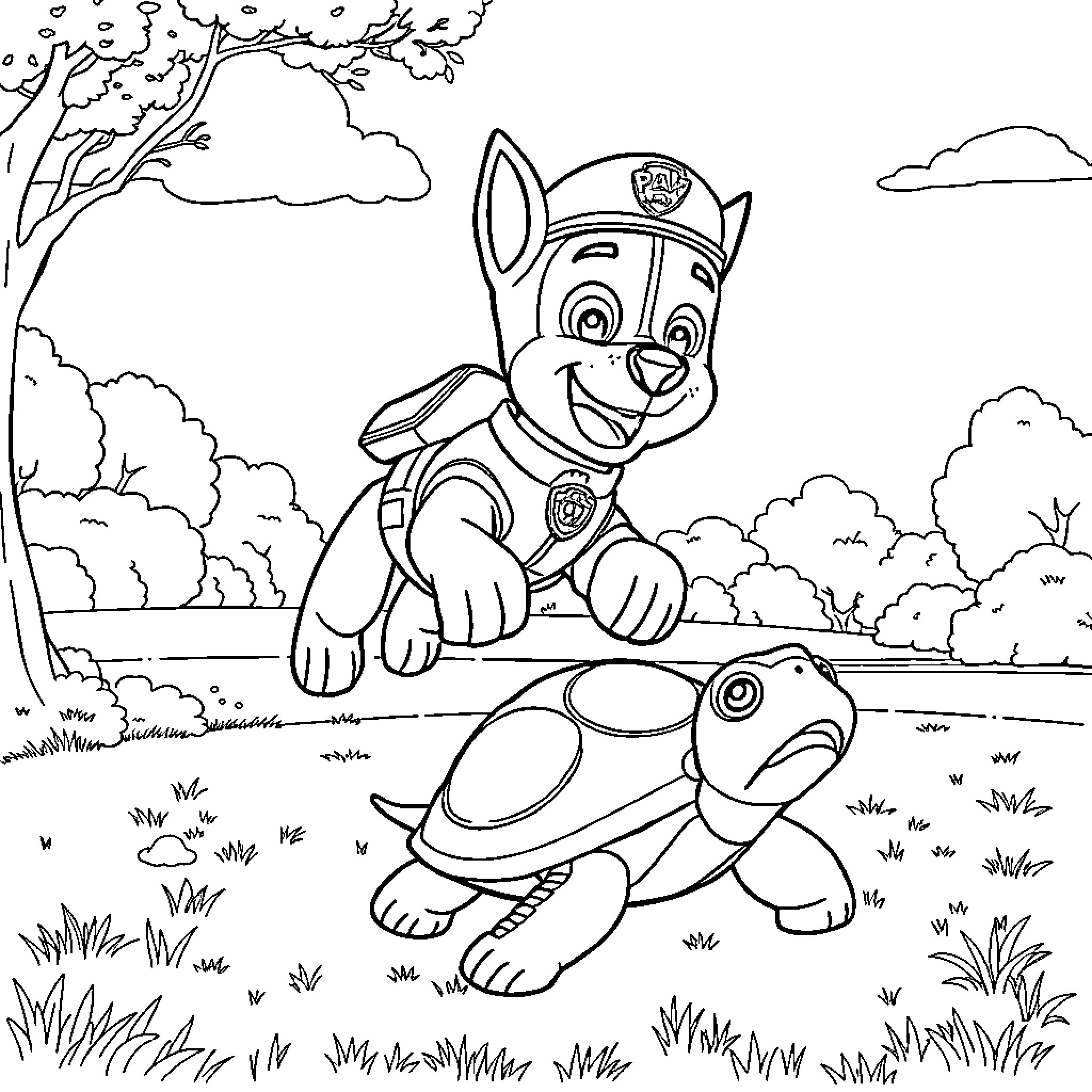 Chase the pup's outdoor adventure Coloring Page (free black-and-white line drawing printable PDF for all, from beginners to advanced learners, including children, teens, adults, and seniors)