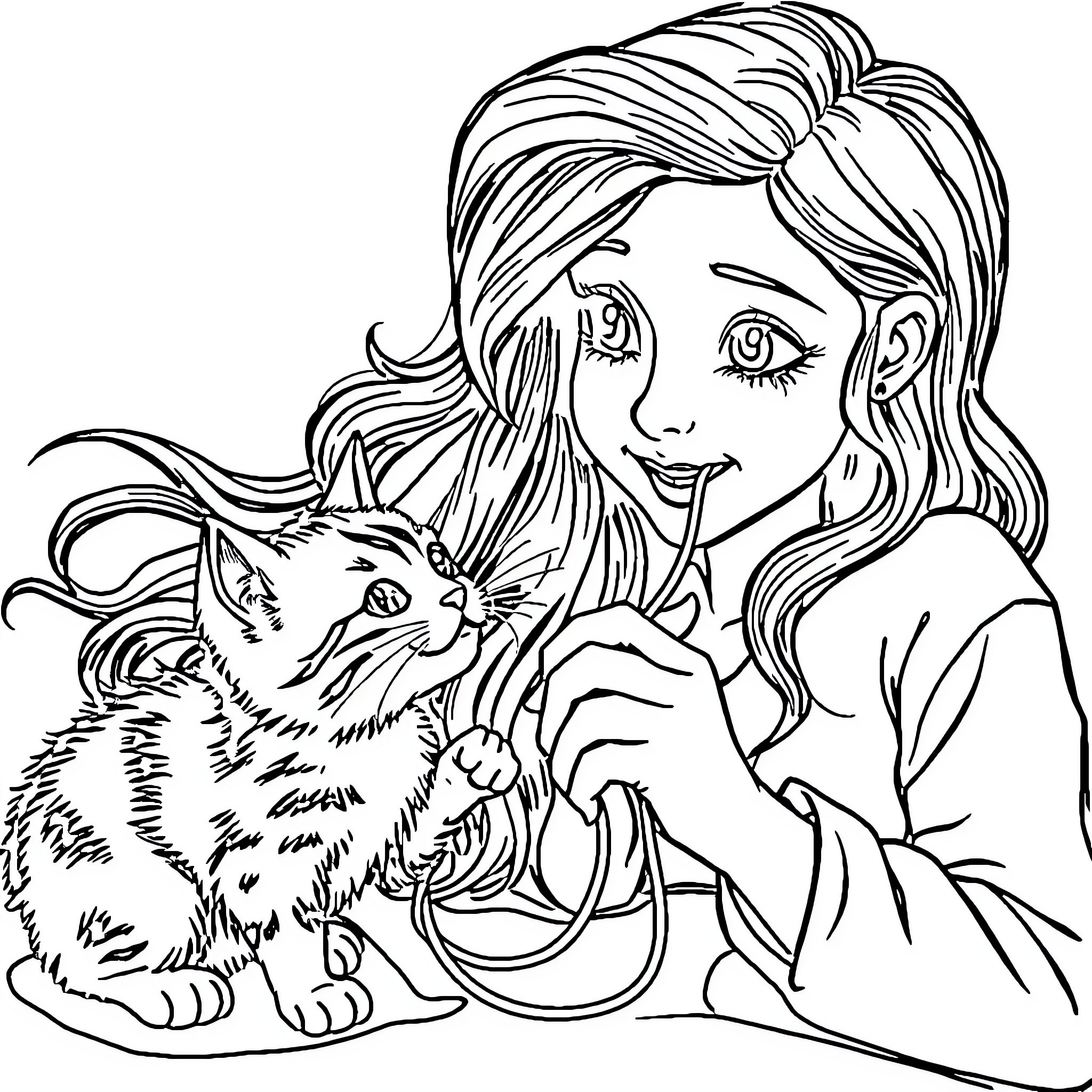 Woman with long hair petting a cat Coloring Page (free black-and-white line drawing printable PDF for all, from beginners to advanced learners, including children, teens, adults, and seniors)