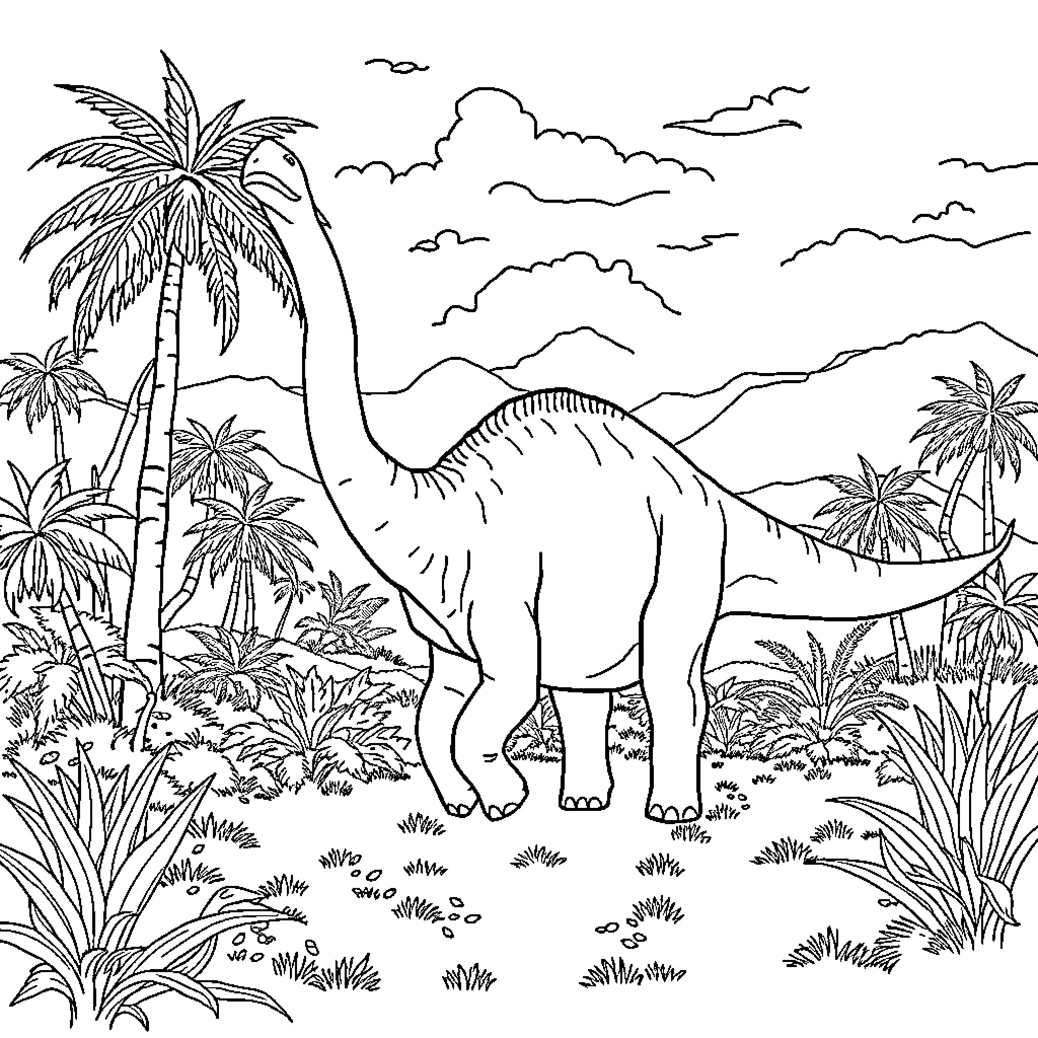 Diplodocus in a Prehistoric Landscape Coloring Page (free black-and-white line drawing printable PDF for all, from beginners to advanced learners, including children, teens, adults, and seniors)