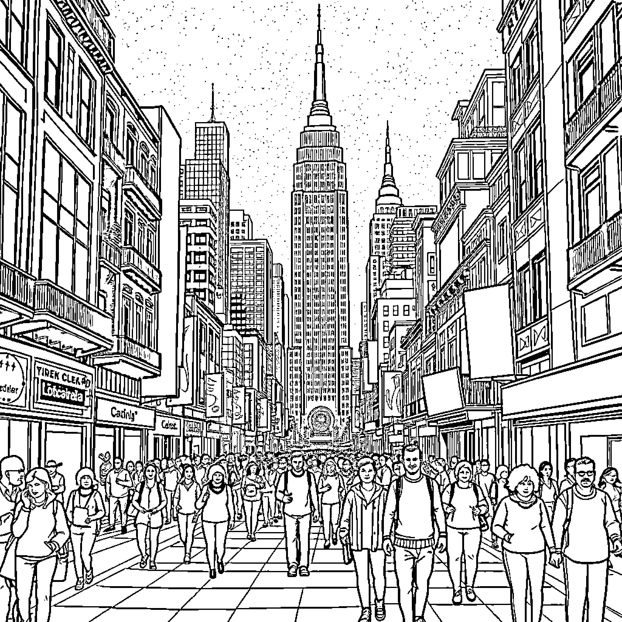 City Bustling with People and Skyscrapers Coloring Page (free black-and-white line drawing printable PDF for all, from beginners to advanced learners, including children, teens, adults, and seniors)