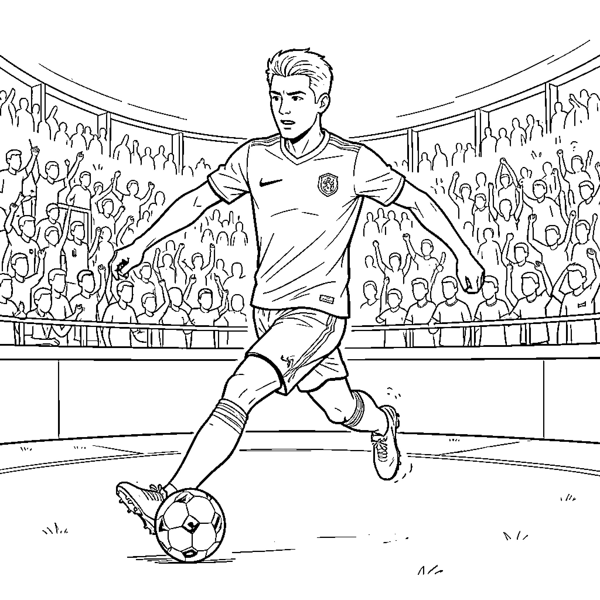 Szoboszlai kicking a soccer ball in a crowded stadium Coloring Page (free black-and-white line drawing printable PDF for all, from beginners to advanced learners, including children, teens, adults, and seniors)