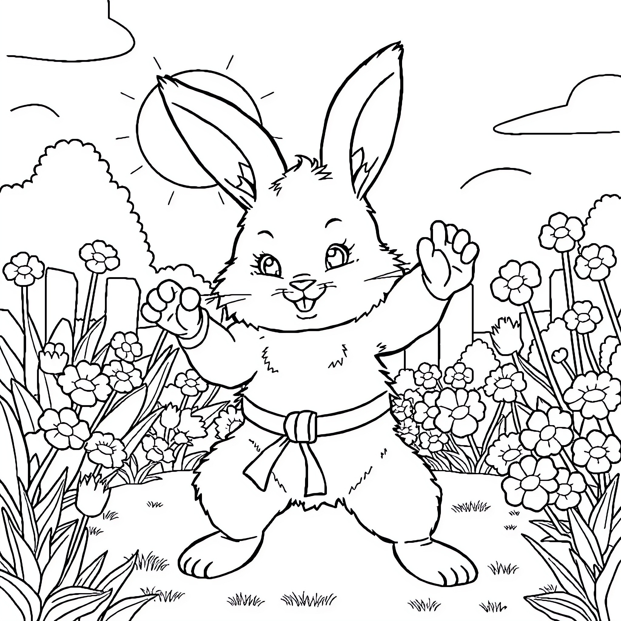 Bunny enjoying a sunny day in the flower garden Coloring Page (free black-and-white line drawing printable PDF for all, from beginners to advanced learners, including children, teens, adults, and seniors)