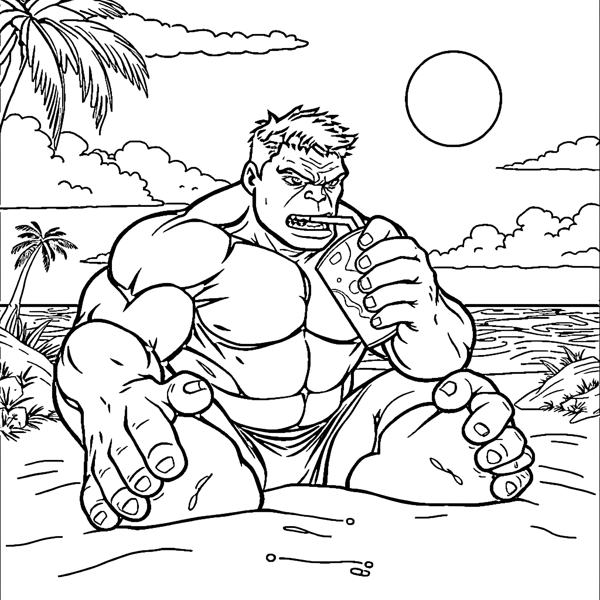 Hulk relaxing on the beach with a fierce expression Coloring Page (free black-and-white line drawing printable PDF for all, from beginners to advanced learners, including children, teens, adults, and seniors)
