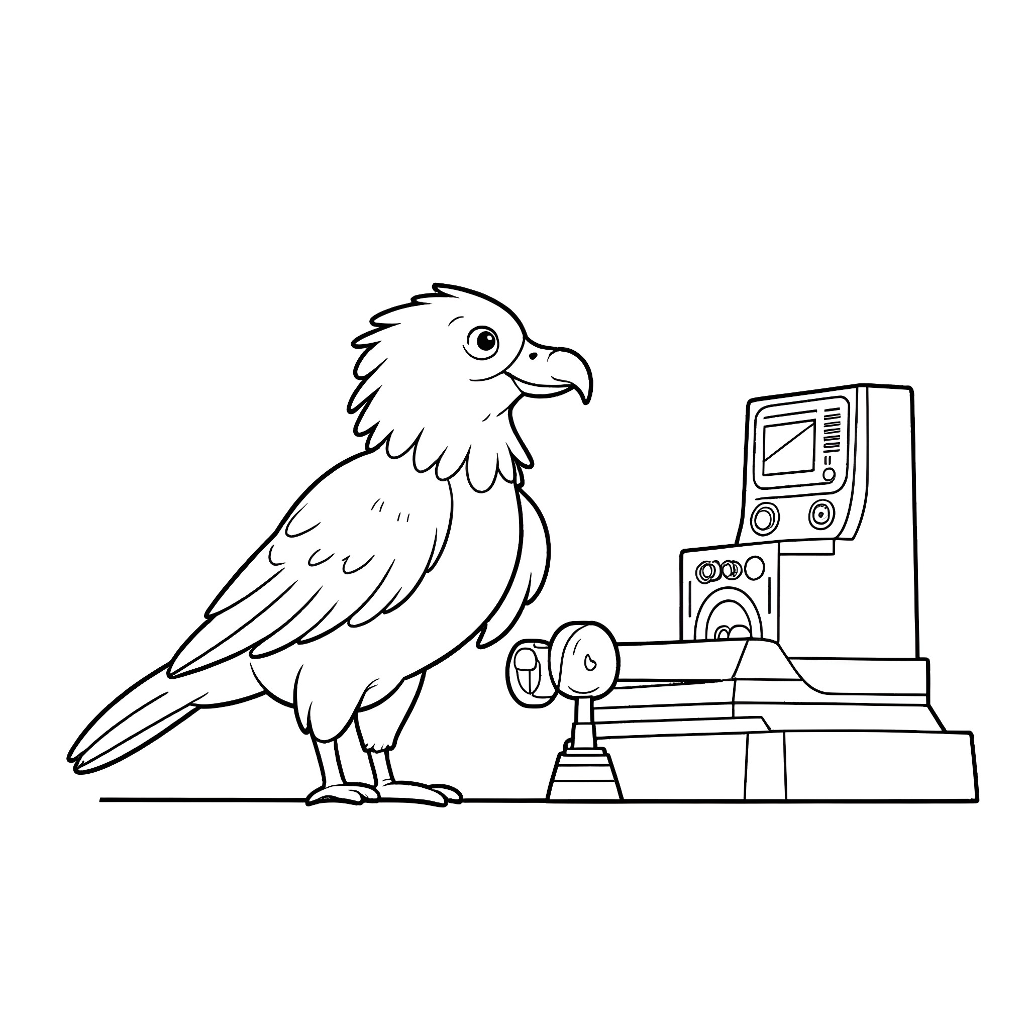 Bird operating electronic equipment Coloring Page (free black-and-white line drawing printable PDF for all, from beginners to advanced learners, including children, teens, adults, and seniors)