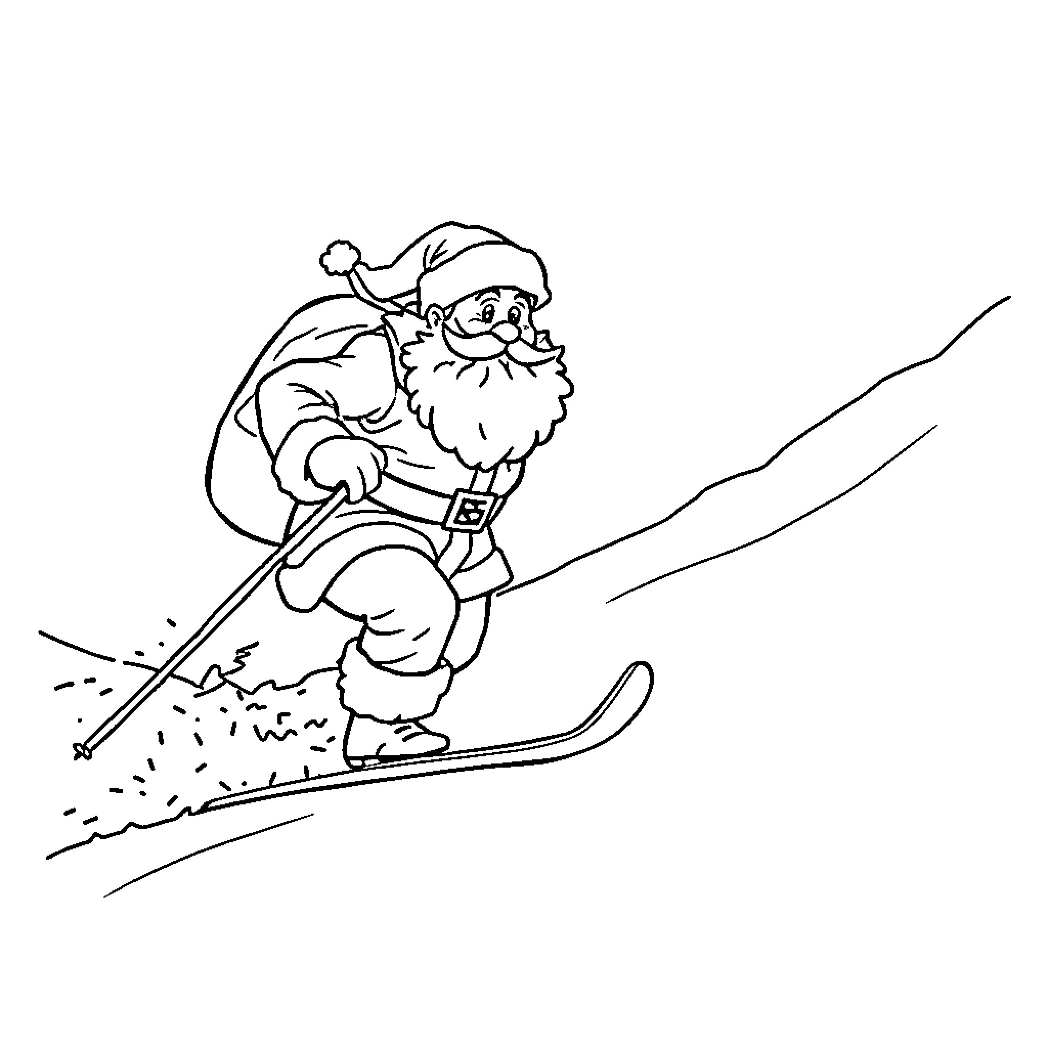 Santa Claus skiing down a snowy slope Coloring Page (free black-and-white line drawing printable PDF for all, from beginners to advanced learners, including children, teens, adults, and seniors)