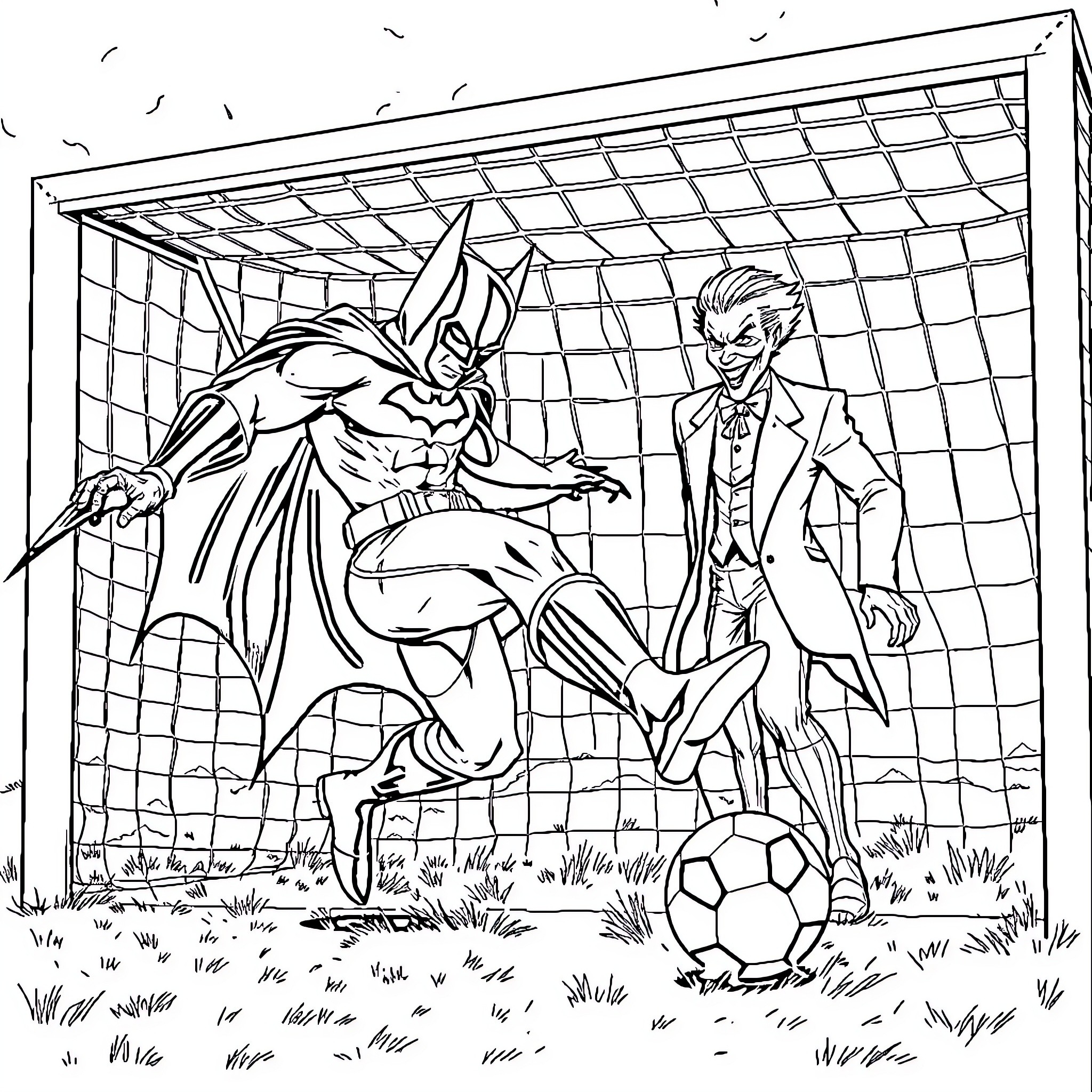 Batman and Joker playing soccer on a field Coloring Page (free black-and-white line drawing printable PDF for all, from beginners to advanced learners, including children, teens, adults, and seniors)