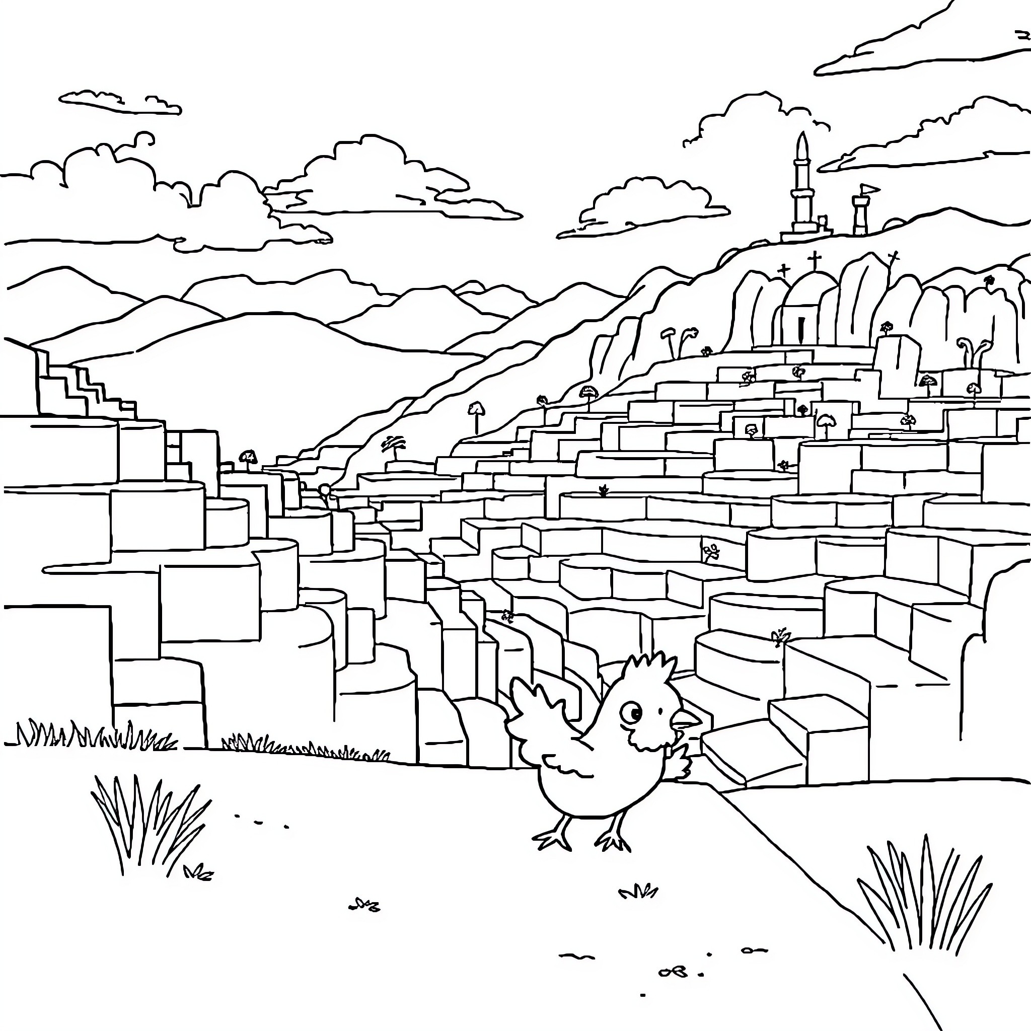 Chicken exploring a whimsical town in the mountains Coloring Page (free black-and-white line drawing printable PDF for all, from beginners to advanced learners, including children, teens, adults, and seniors)