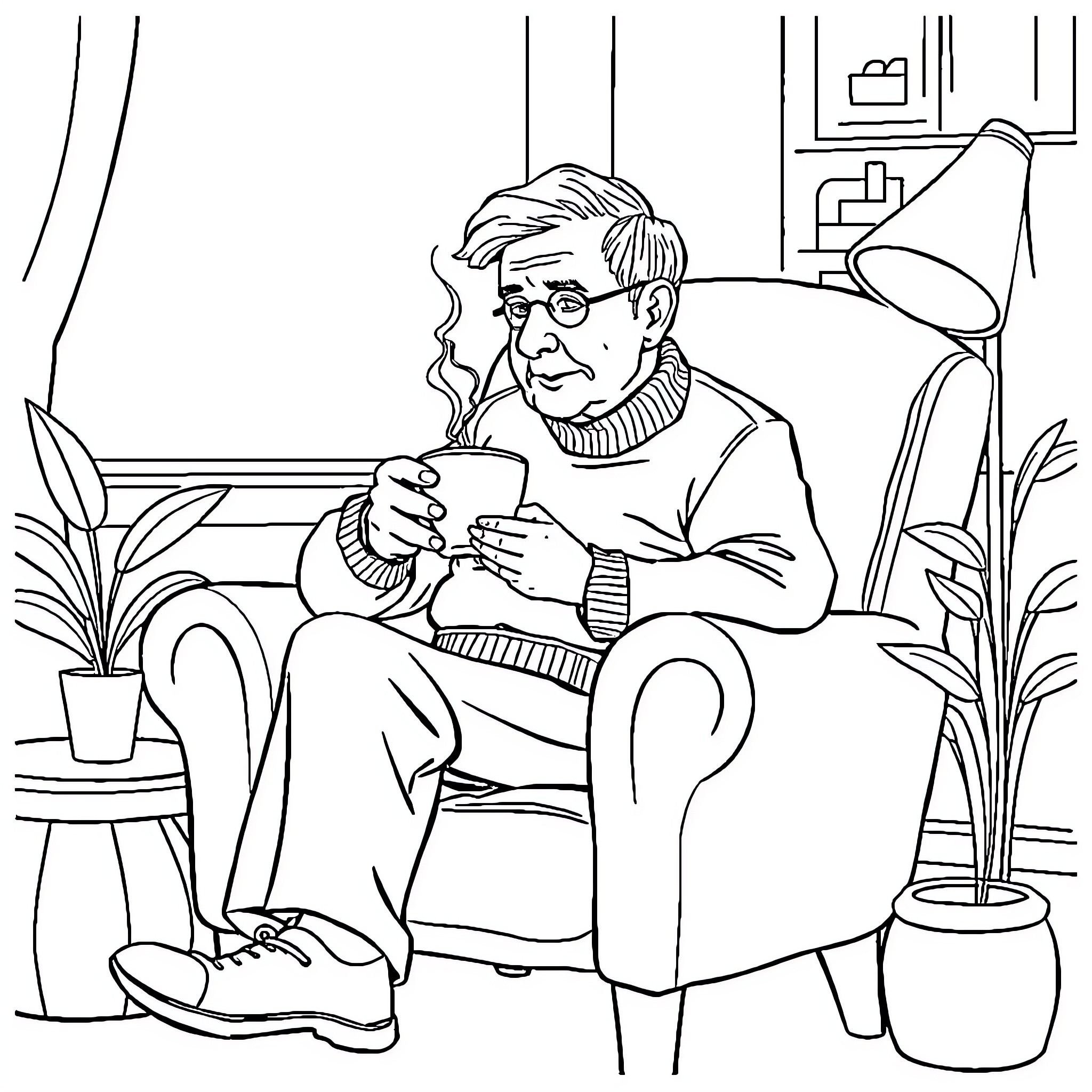 Senior man relaxing in cozy armchair Coloring Page (free black-and-white line drawing printable PDF for all, from beginners to advanced learners, including children, teens, adults, and seniors)