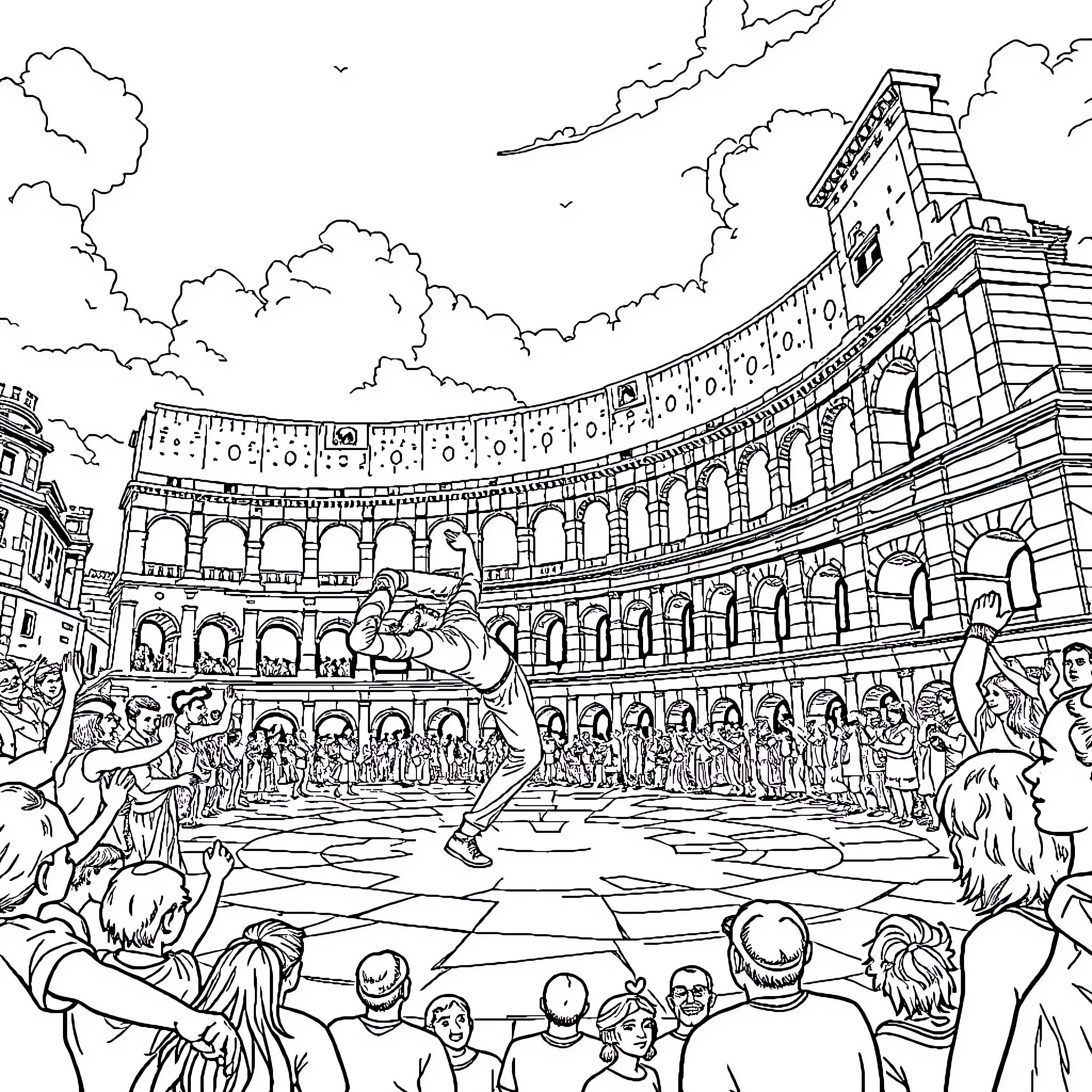 Breakdancer performing in an ancient Roman amphitheater Coloring Page (free black-and-white line drawing printable PDF for all, from beginners to advanced learners, including children, teens, adults, and seniors)