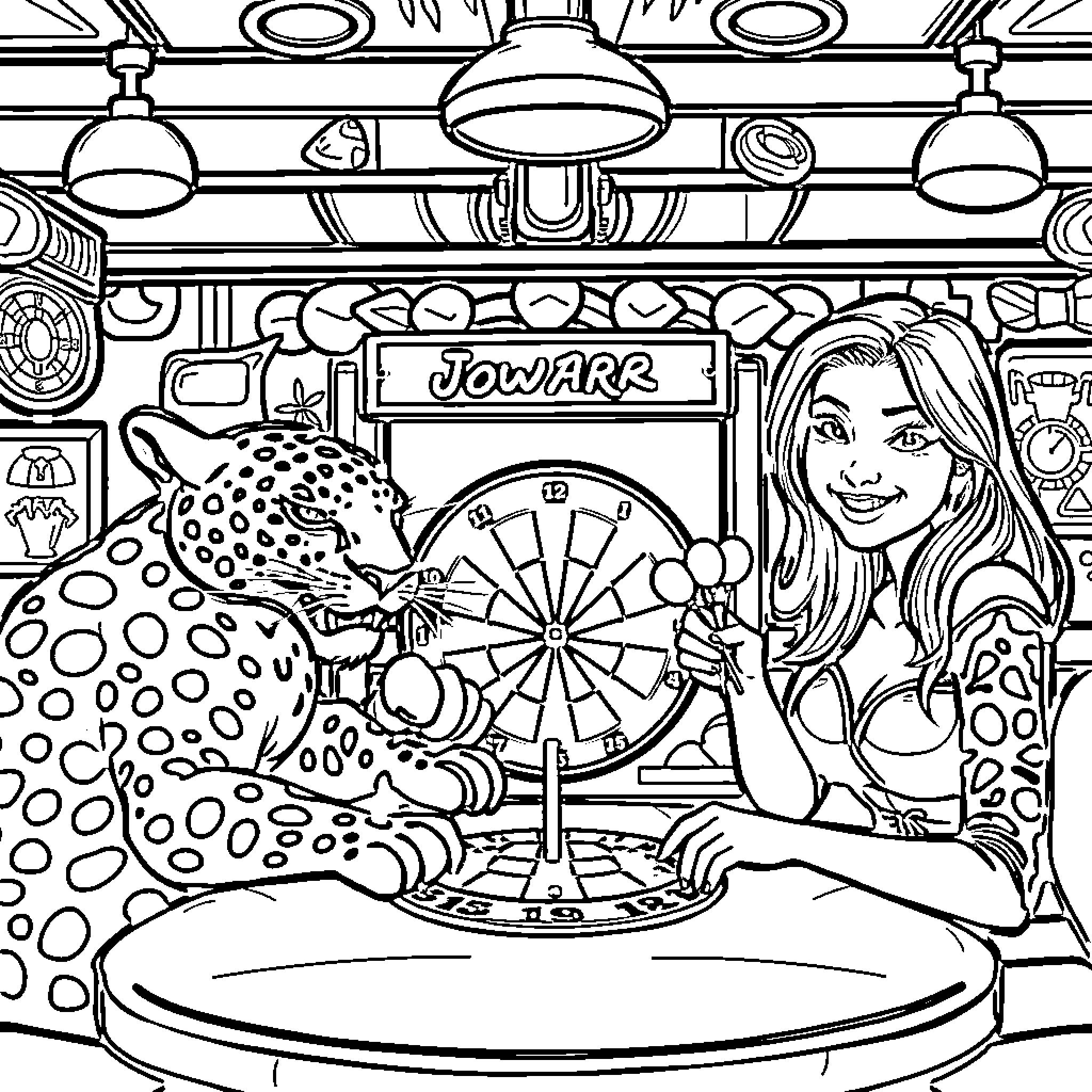 Jaguar Game Show Hostess with Spinning Wheel Coloring Page (free black-and-white line drawing printable PDF for all, from beginners to advanced learners, including children, teens, adults, and seniors)