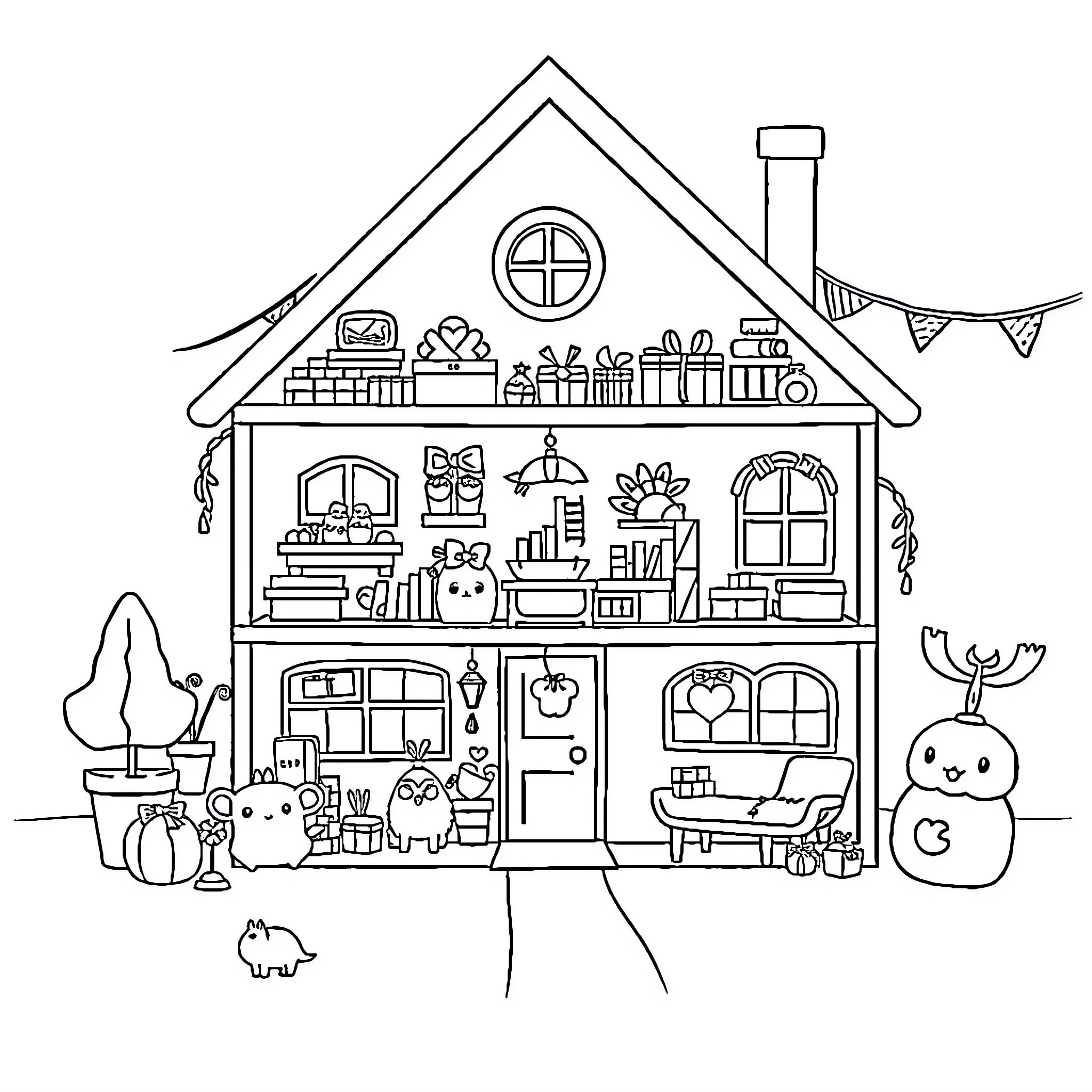 Gabby's Cozy Doll House with Playful Decor Coloring Page (free black-and-white line drawing printable PDF for all, from beginners to advanced learners, including children, teens, adults, and seniors)