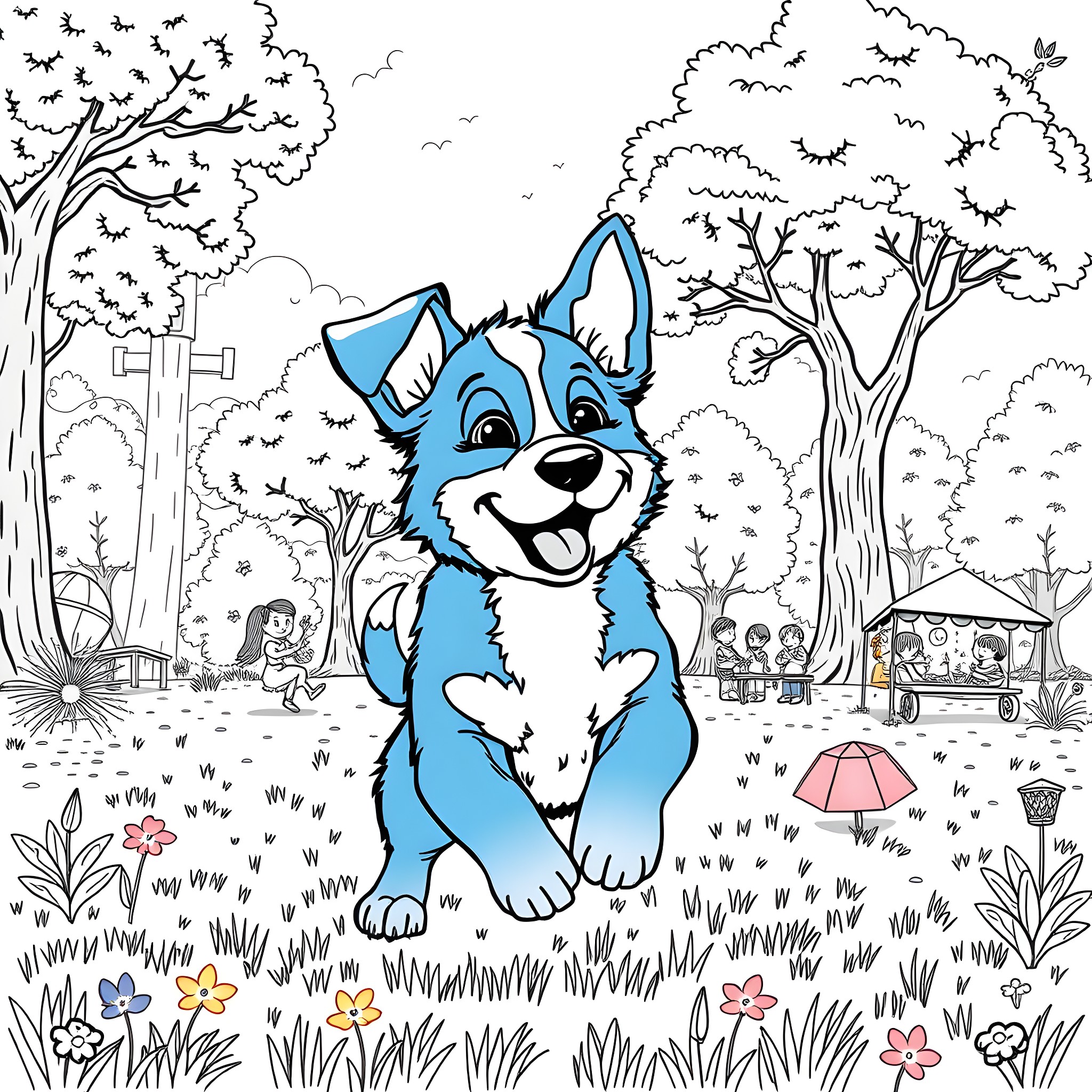 Bluey enjoying the outdoors with friends Coloring Page (free black-and-white line drawing printable PDF for all, from beginners to advanced learners, including children, teens, adults, and seniors)