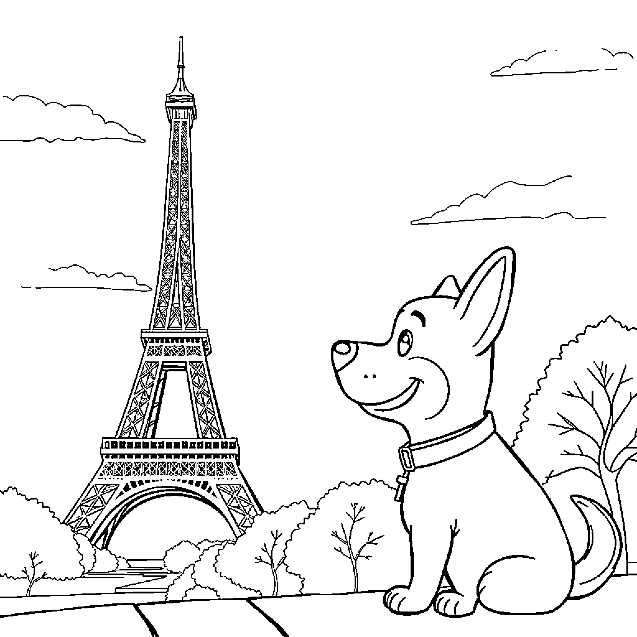Eiffel Tower and Cheerful Dog in Paris Coloring Page (free black-and-white line drawing printable PDF for all, from beginners to advanced learners, including children, teens, adults, and seniors)