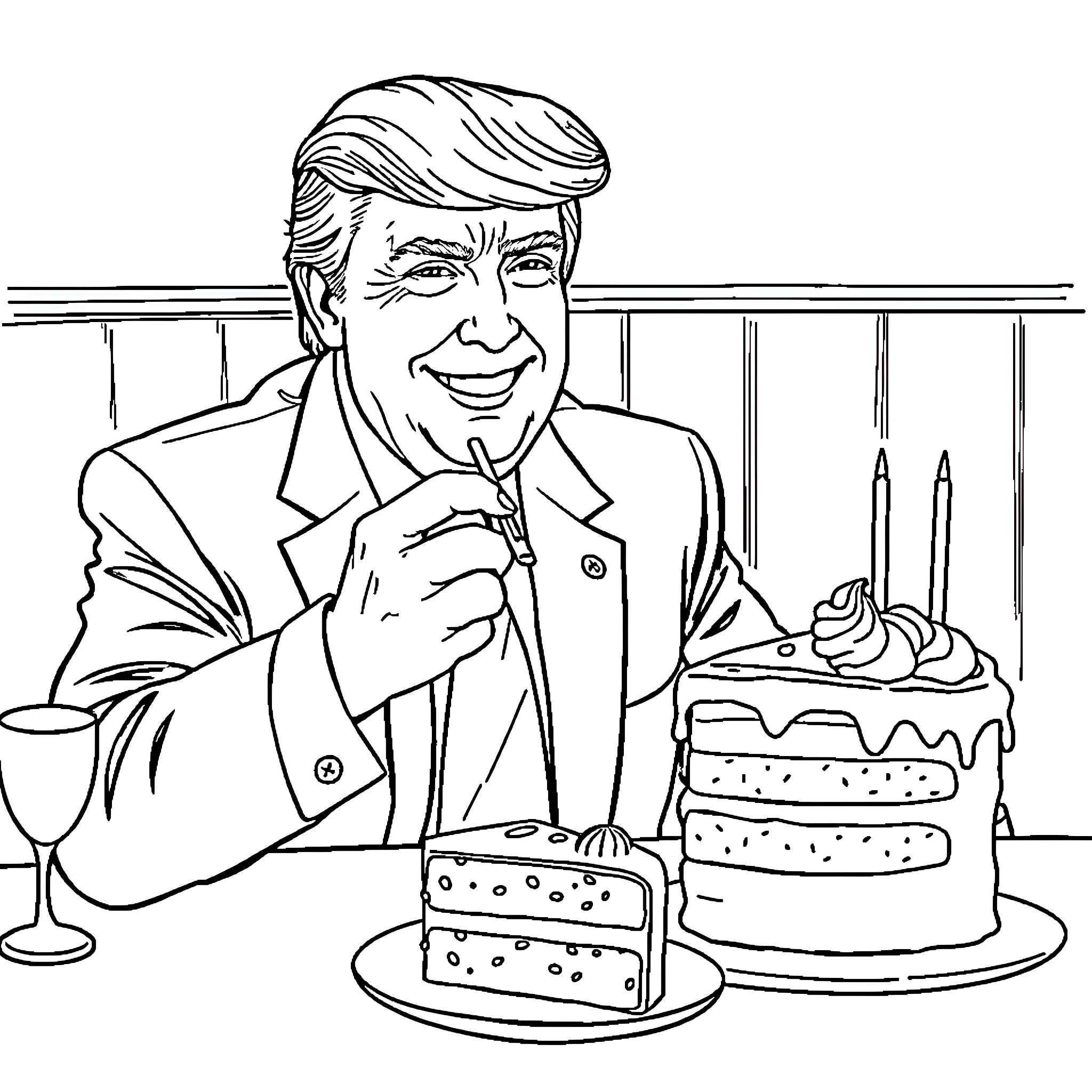 Donald Trump enjoying cake and wine in formal attire Coloring Page (free black-and-white line drawing printable PDF for all, from beginners to advanced learners, including children, teens, adults, and seniors)