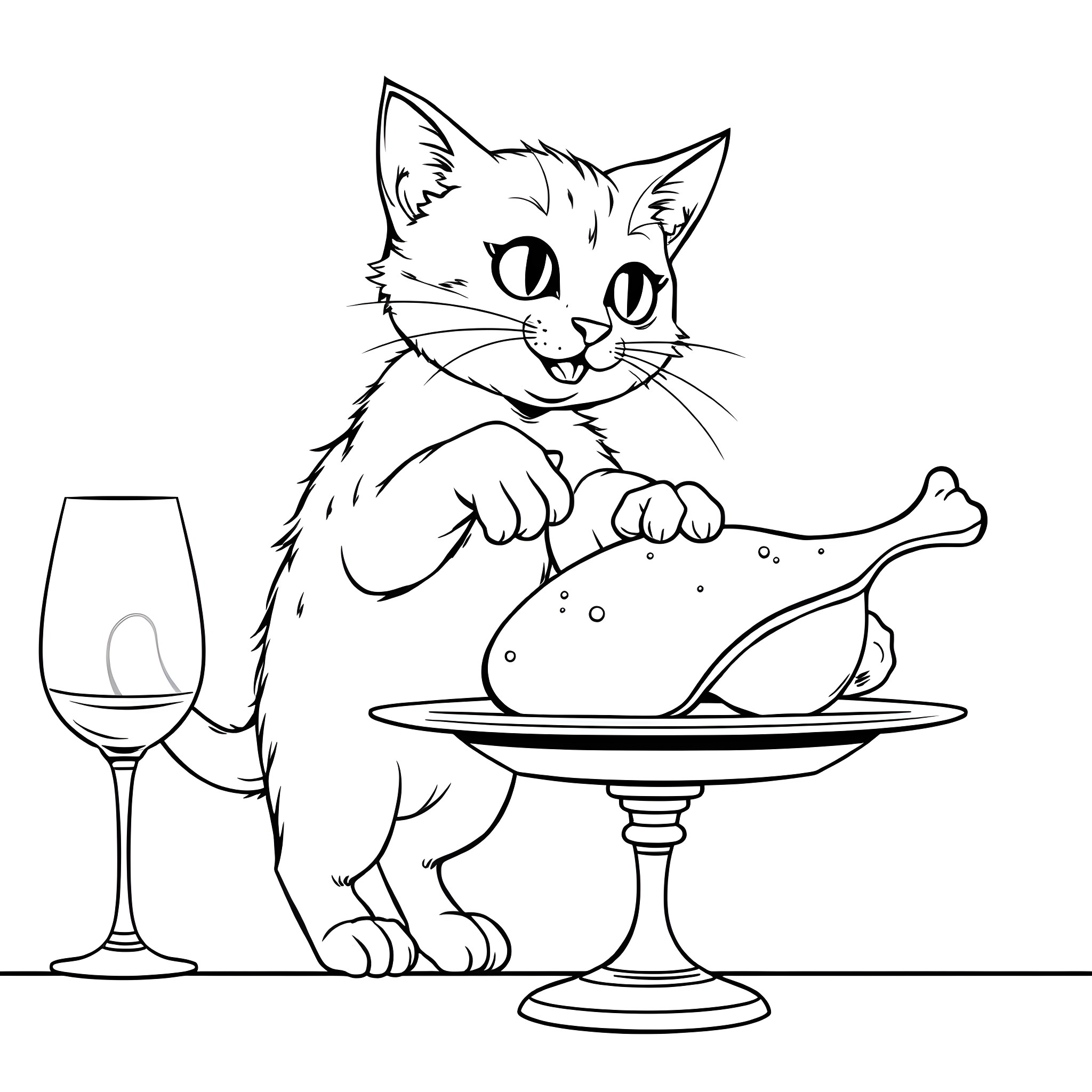 Cat enjoys a fancy meal with wine Coloring Page (free black-and-white line drawing printable PDF for all, from beginners to advanced learners, including children, teens, adults, and seniors)
