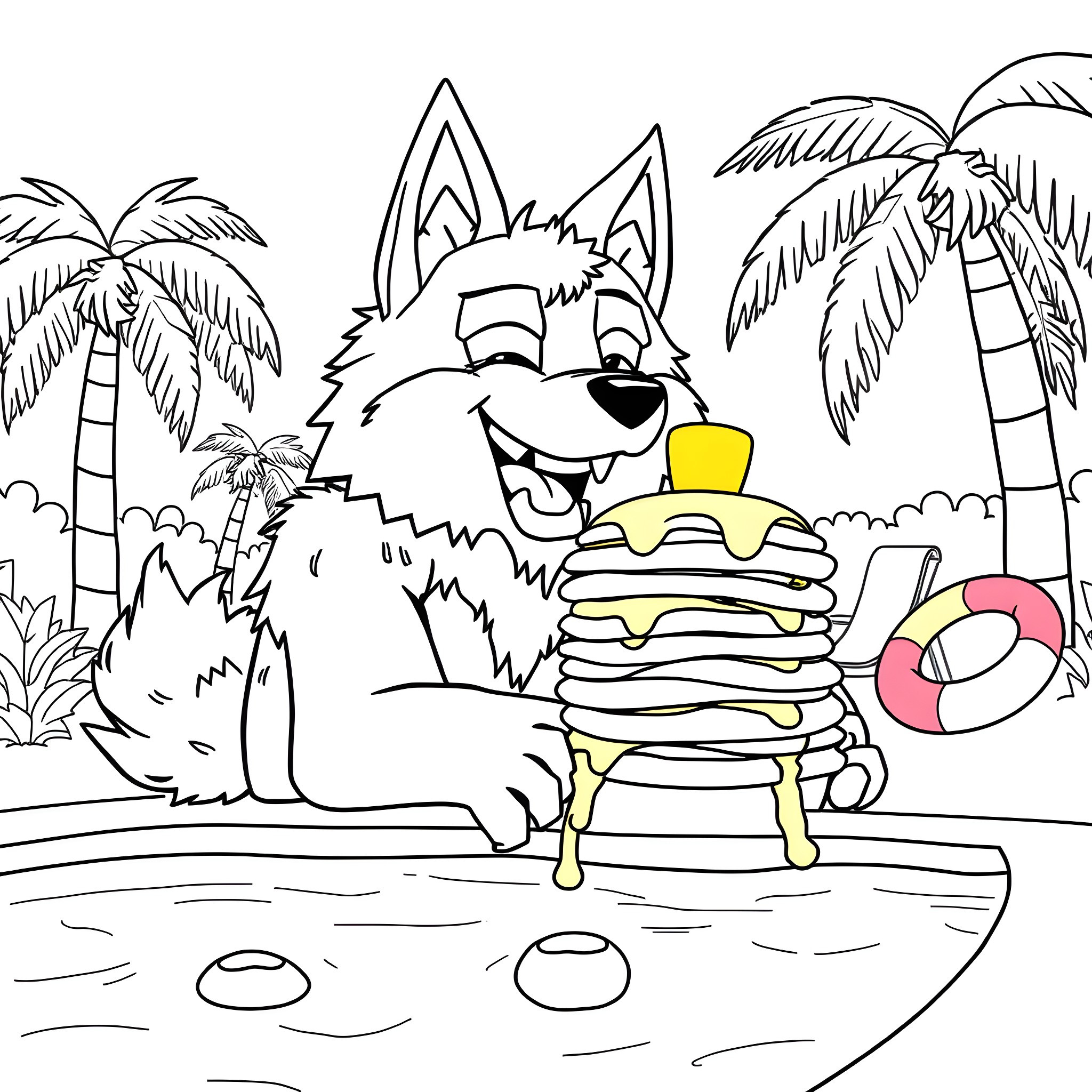 Wolf enjoying summer vacation on the beach Coloring Page (free black-and-white line drawing printable PDF for all, from beginners to advanced learners, including children, teens, adults, and seniors)