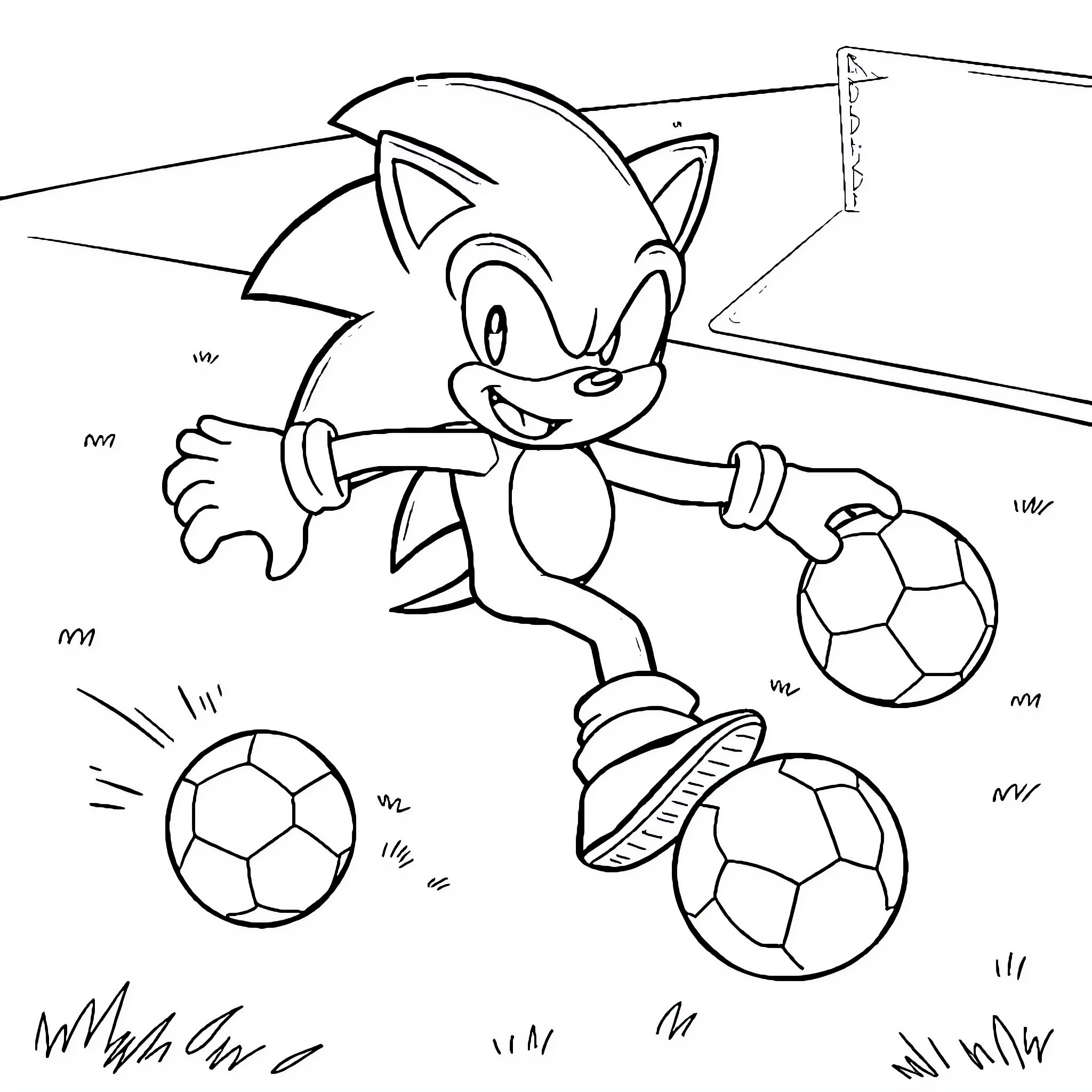 Sonic playing with soccer balls on the field Coloring Page (free black-and-white line drawing printable PDF for all, from beginners to advanced learners, including children, teens, adults, and seniors)