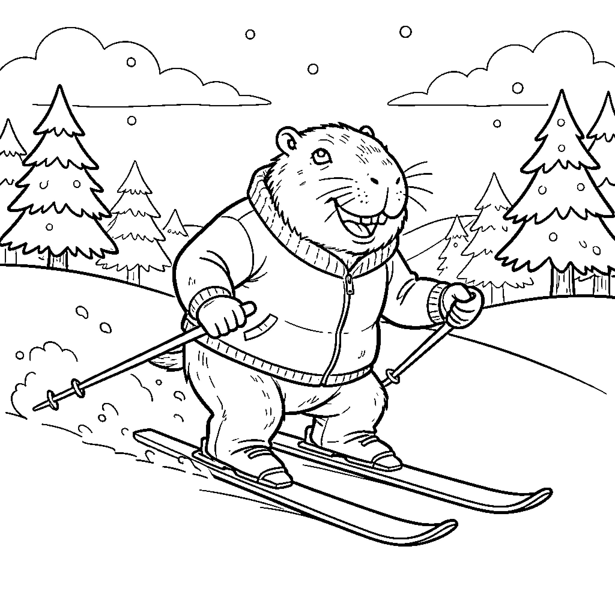Capybara skiing in winter wonderland Coloring Page (free black-and-white line drawing printable PDF for all, from beginners to advanced learners, including children, teens, adults, and seniors)
