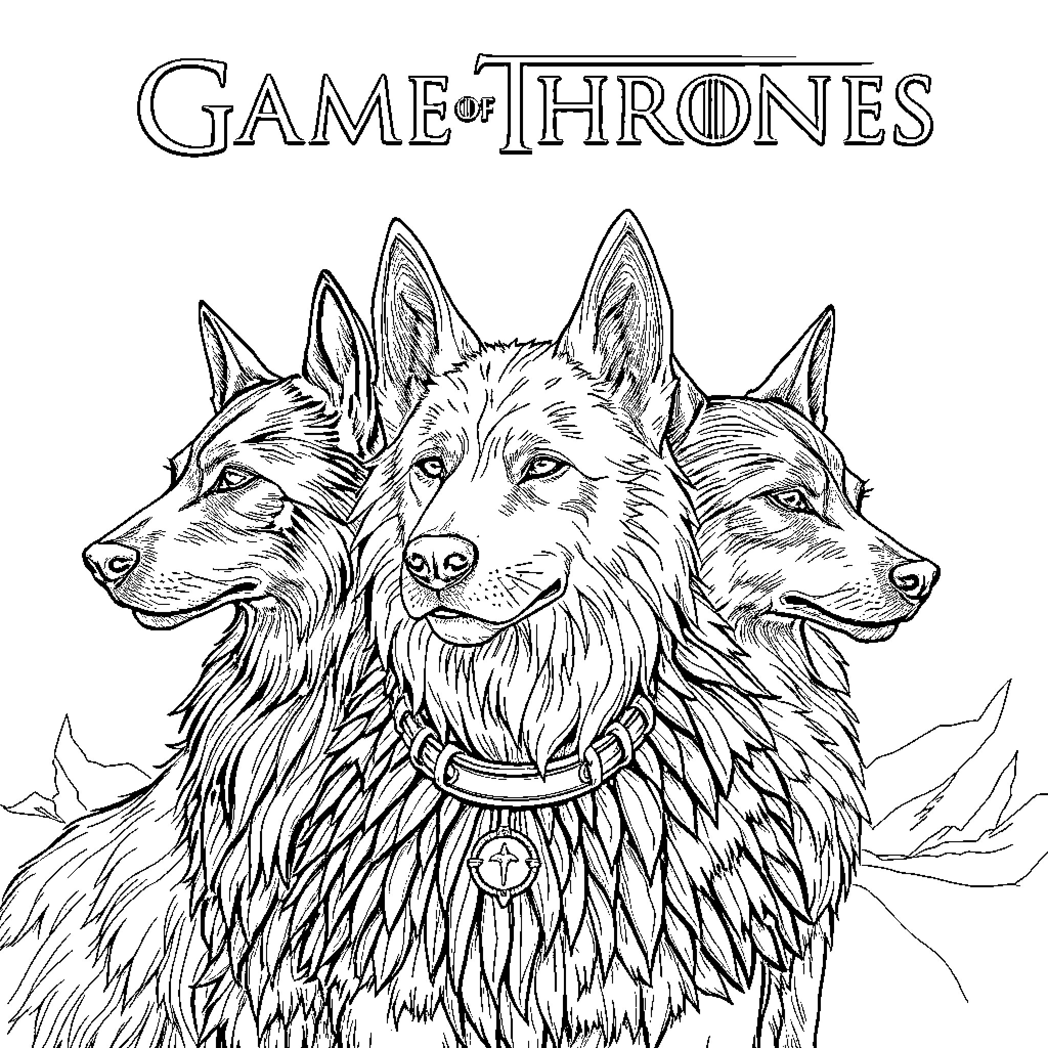 Game of Thrones Dogs Guarding the Kingdom Coloring Page (free black-and-white line drawing printable PDF for all, from beginners to advanced learners, including children, teens, adults, and seniors)