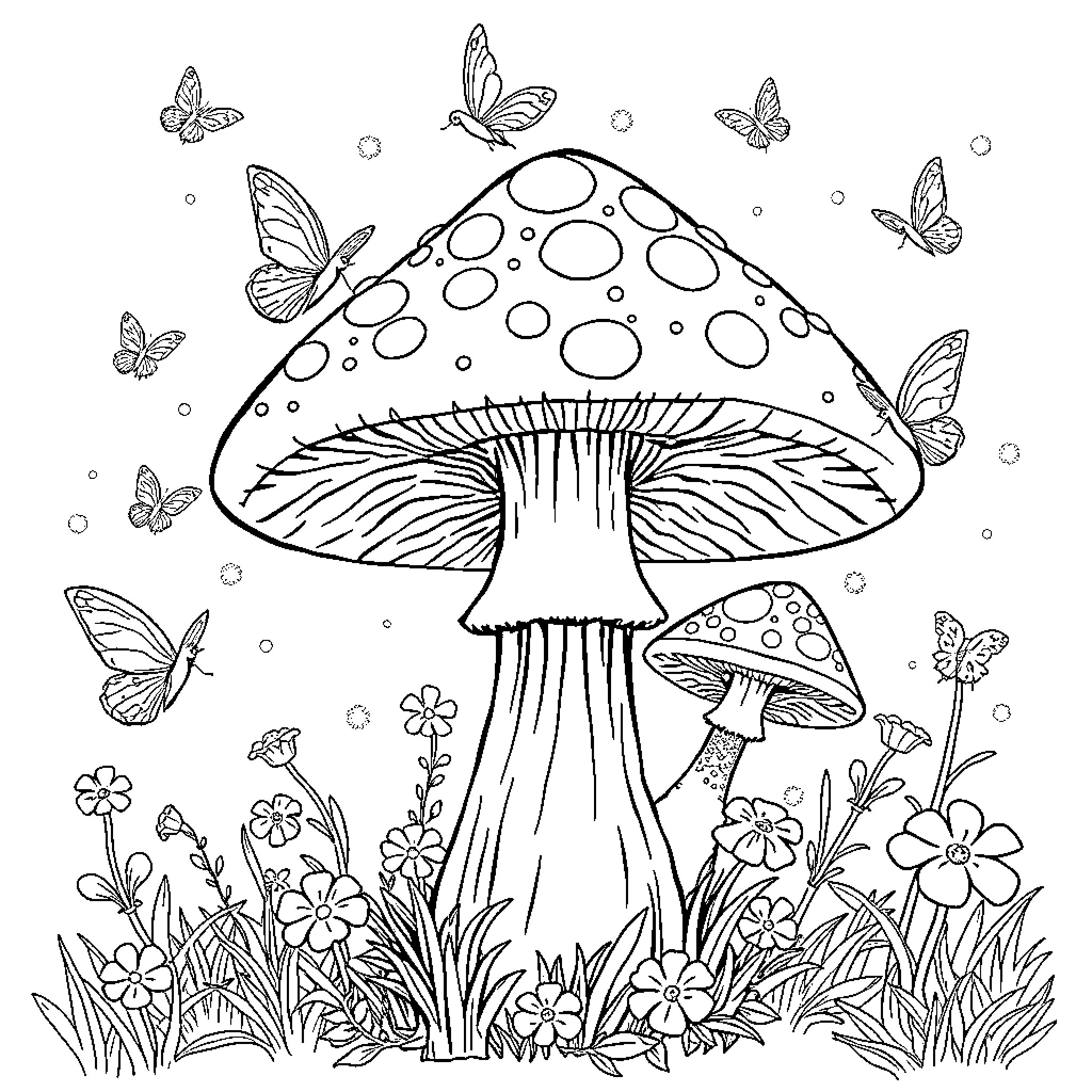 Mushroom fungi with butterflies in a floral meadow Coloring Page (free black-and-white line drawing printable PDF for all, from beginners to advanced learners, including children, teens, adults, and seniors)